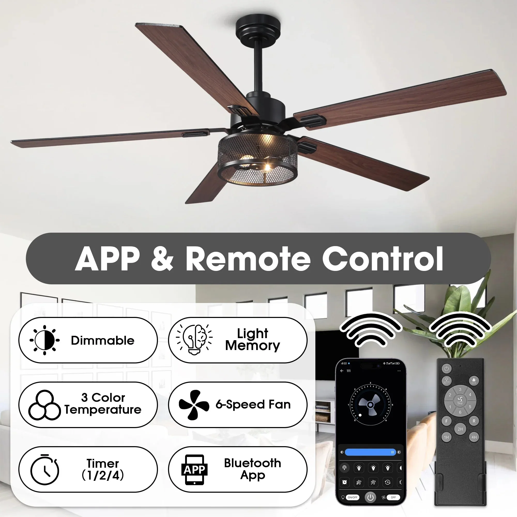 Vaczon 42 Inch 52 Inch 60 Inch Eden Downrod Mount Ceiling Fan with Light and APP & Remote Control - Image 12
