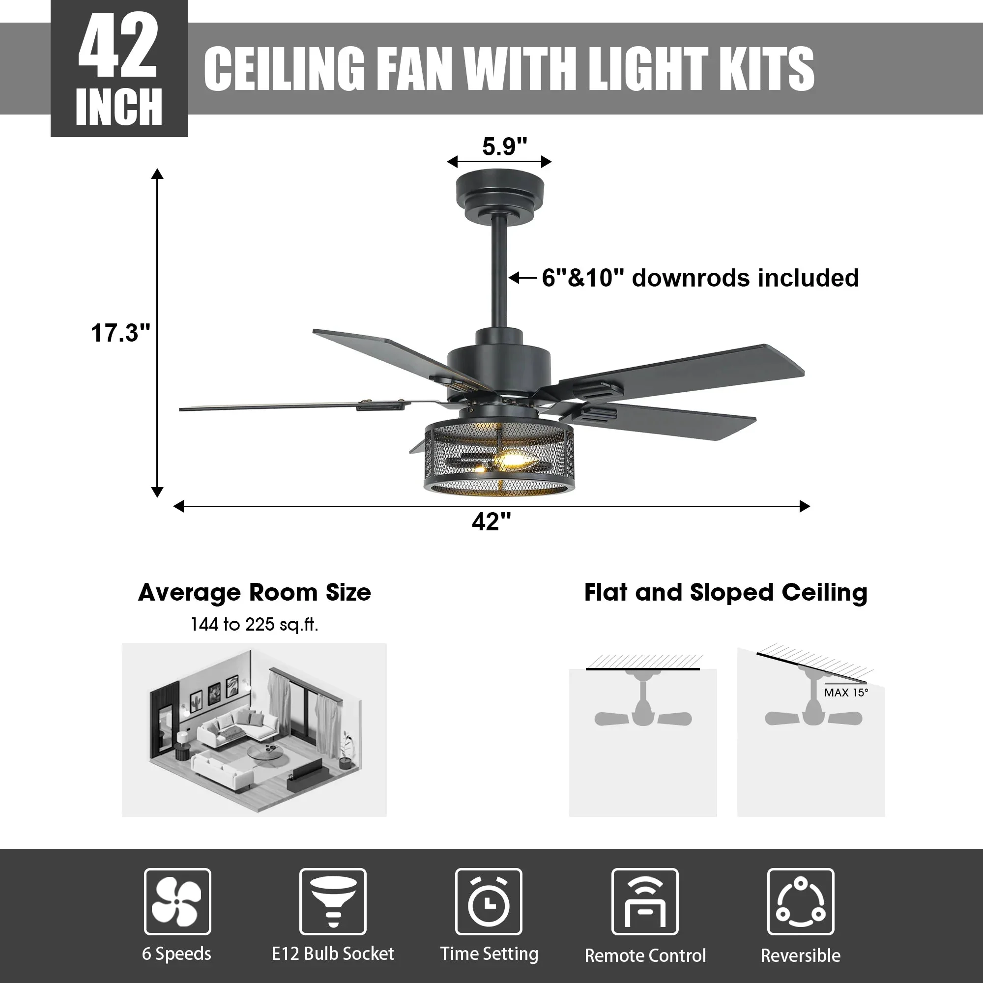 Vaczon 42 Inch 52 Inch 60 Inch Eden Downrod Mount Ceiling Fan with Light and APP & Remote Control - Image 6