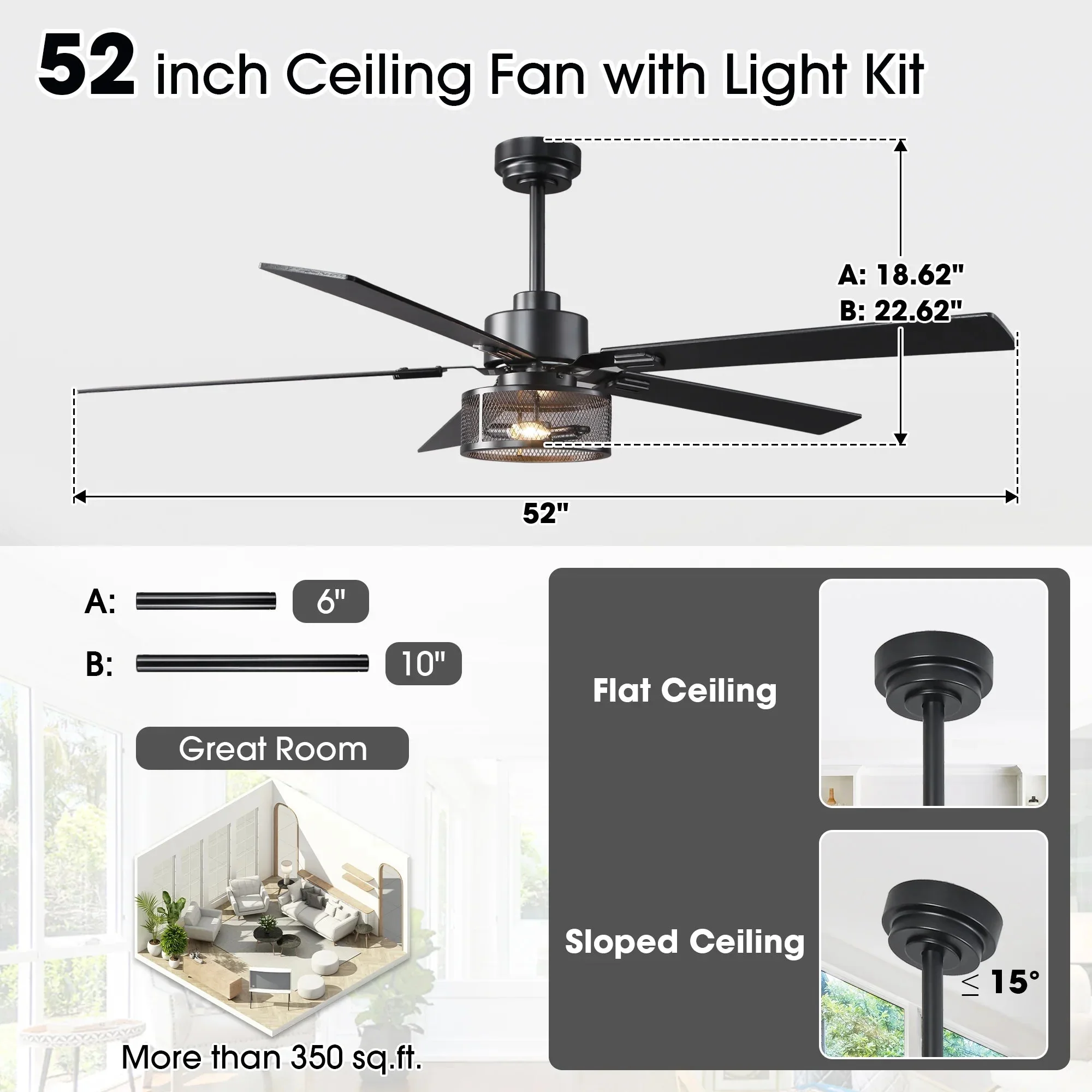 Vaczon 42 Inch 52 Inch 60 Inch Eden Downrod Mount Ceiling Fan with Light and APP & Remote Control - Image 7