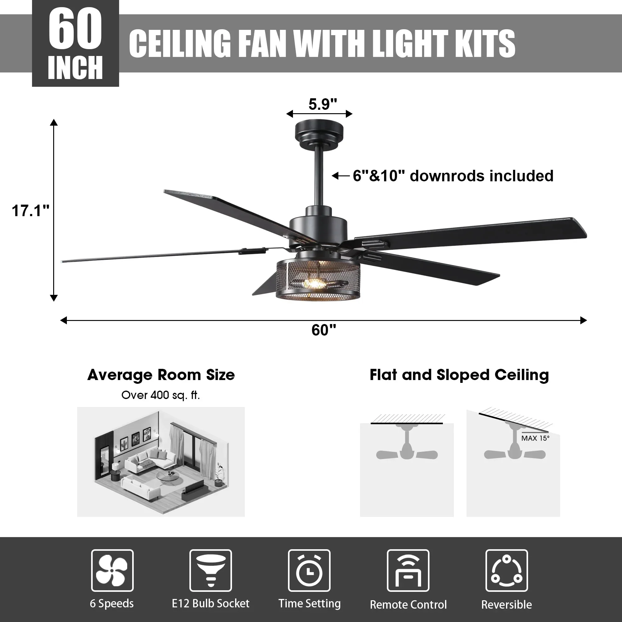 Vaczon 42 Inch 52 Inch 60 Inch Eden Downrod Mount Ceiling Fan with Light and APP & Remote Control - Image 8