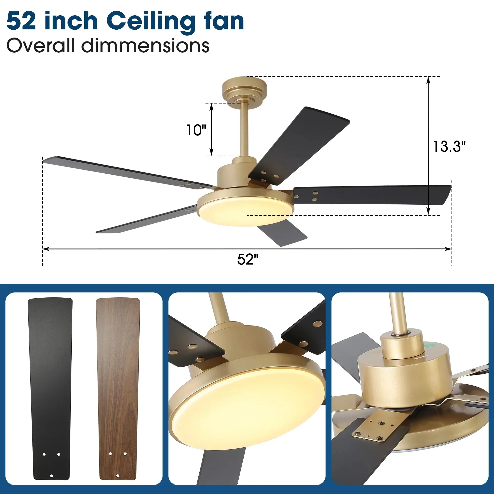 Vaczon 52 Inch Double-sided Blades Modern Ceiling Fan with Remote Control and LED Light - Image 5