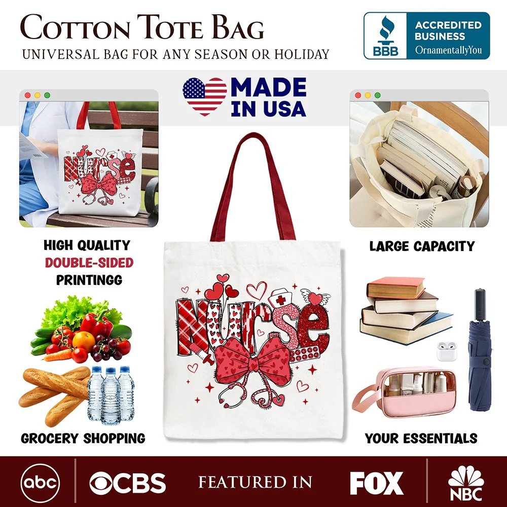 Valentine Nurse Coquette Bow Canvas Tote Bag, Cupid Favorite Nurse Work Shopper - Image 2