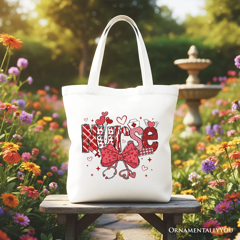 Valentine Nurse Coquette Bow Canvas Tote Bag, Cupid Favorite Nurse Work Shopper - Image 5