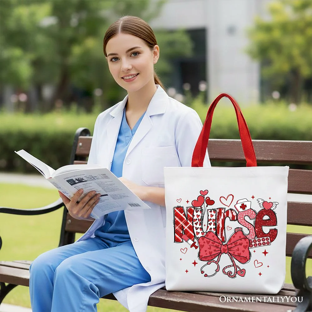 Valentine Nurse Coquette Bow Canvas Tote Bag, Cupid Favorite Nurse Work Shopper - Image 6
