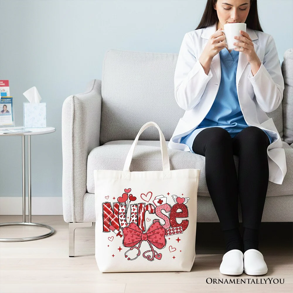 Valentine Nurse Coquette Bow Canvas Tote Bag, Cupid Favorite Nurse Work Shopper - Image 8