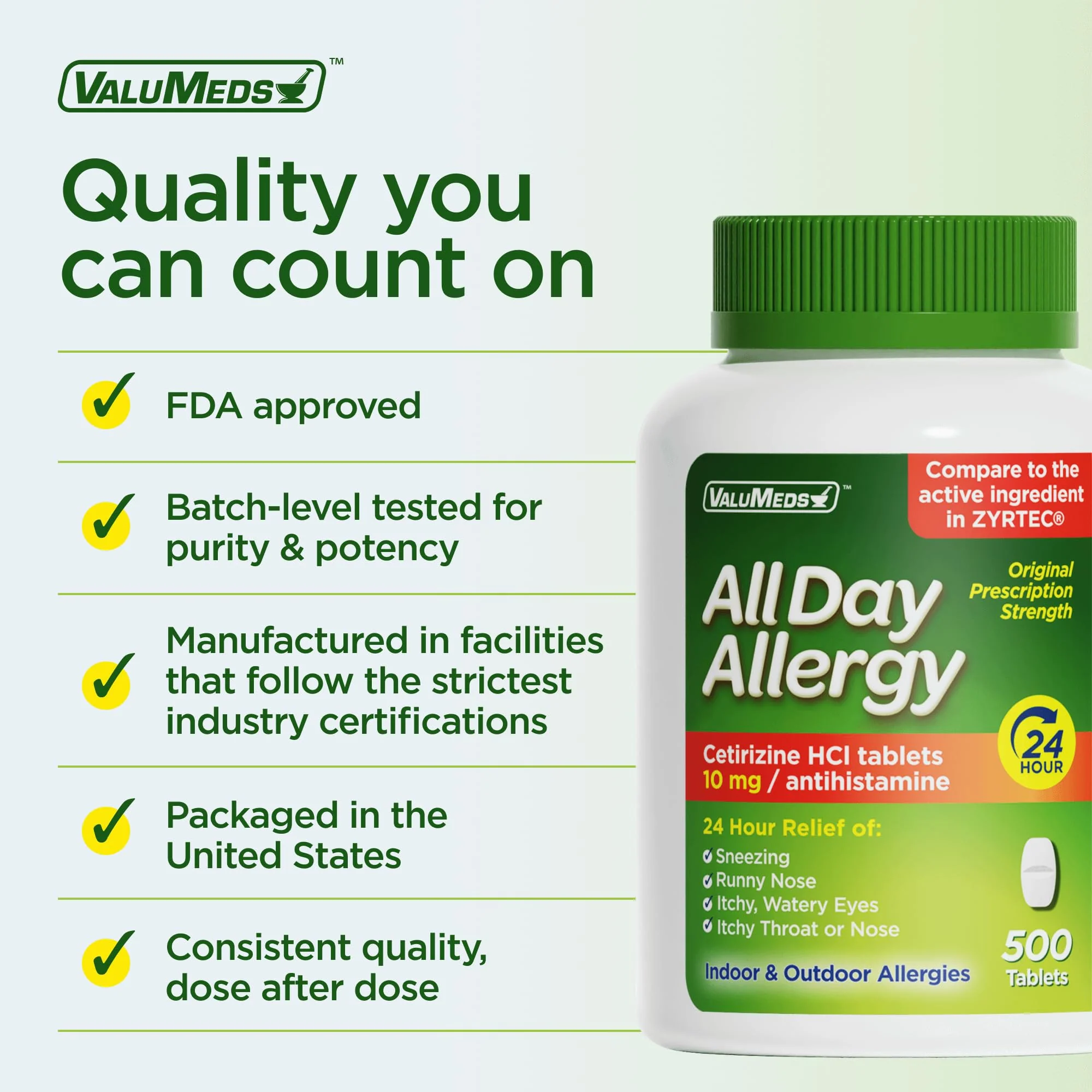 ValuMeds 24-Hour Allergy Medicine Antihistamine for Pollen, Hay Fever, Dry, Itchy Eyes, Allergies | Cetirizine HCl 10mg Caplets, Compare to Leading Brand (500 Count) - Image 3