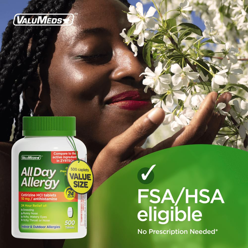 ValuMeds 24-Hour Allergy Medicine Antihistamine for Pollen, Hay Fever, Dry, Itchy Eyes, Allergies | Cetirizine HCl 10mg Caplets, Compare to Leading Brand (500 Count) - Image 5