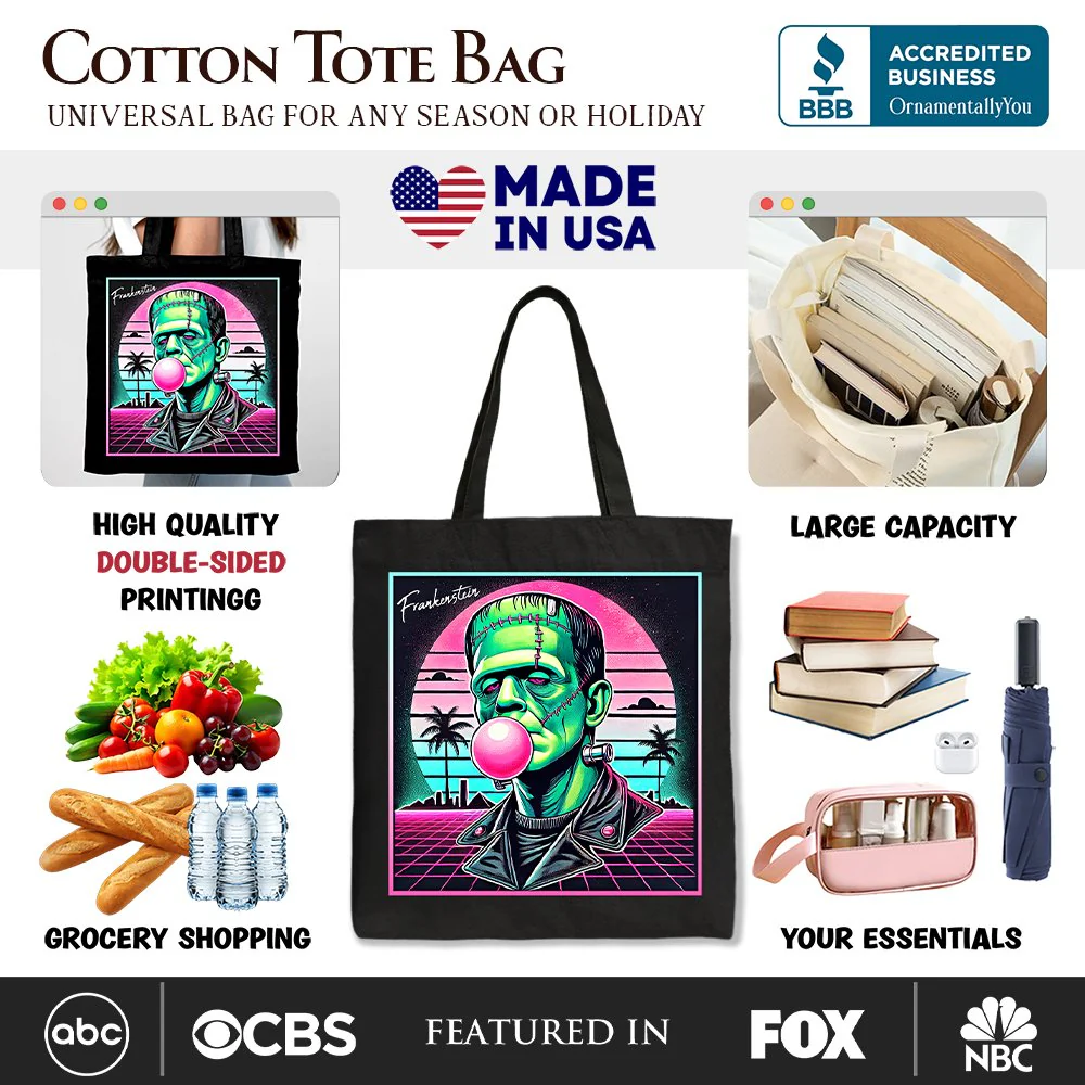 Vaperwave Frankenstein Retro Neon Horror Canvas Tote Bag, Synthwave 80's Styled Classic Halloween Gift - Image 3