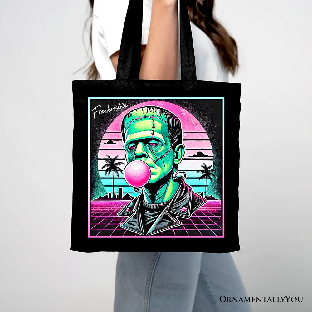 Vaperwave Frankenstein Retro Neon Horror Canvas Tote Bag, Synthwave 80's Styled Classic Halloween Gift - Image 4