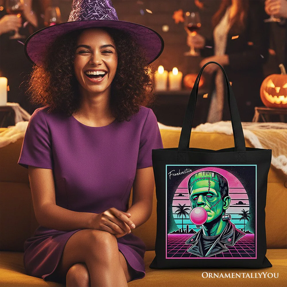 Vaperwave Frankenstein Retro Neon Horror Canvas Tote Bag, Synthwave 80's Styled Classic Halloween Gift - Image 5