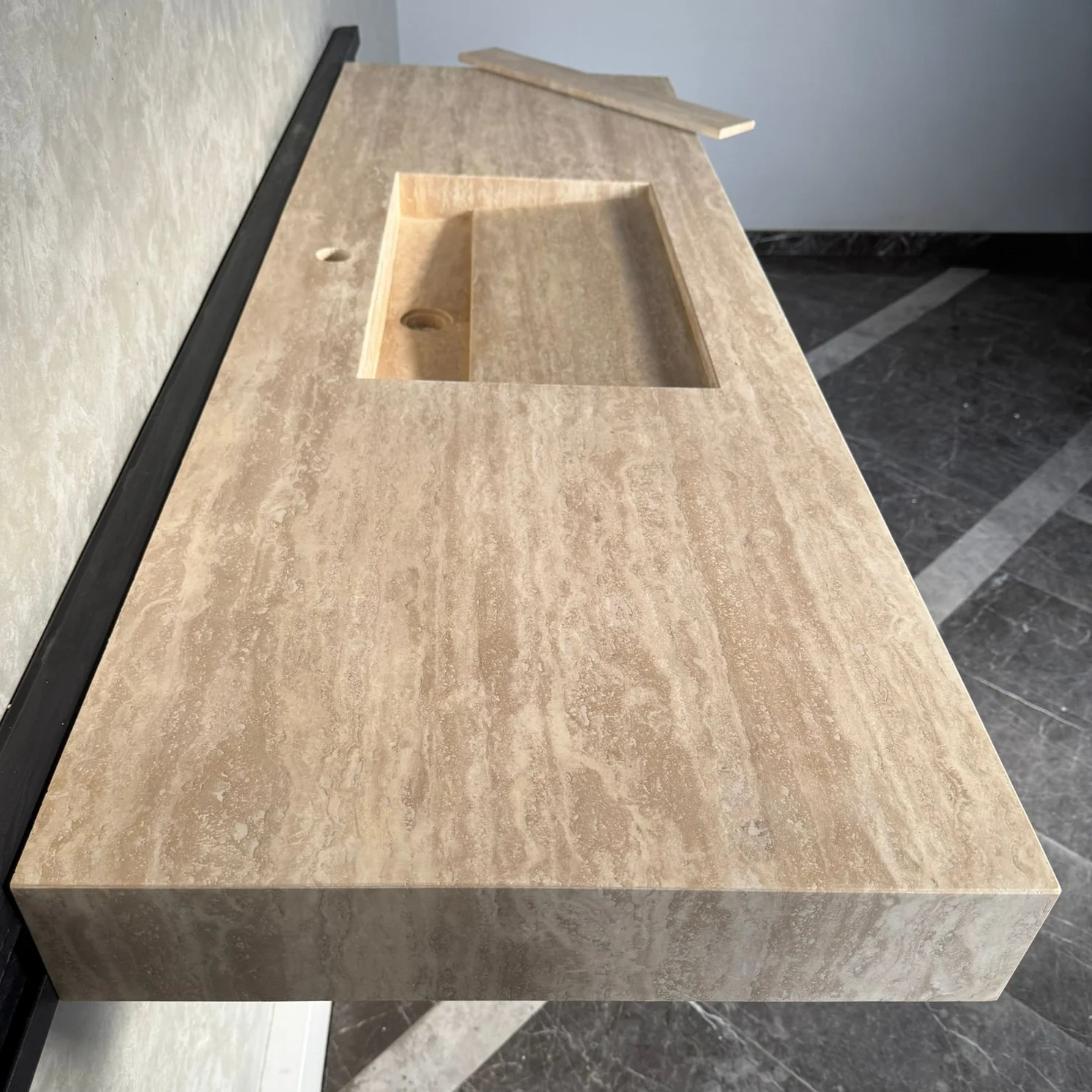 Vein Cut Travertine Ramp Sink | Handmade Natural Stone Bathroom Sink | Custom Modern Stone Basin (TR-85) - Image 10