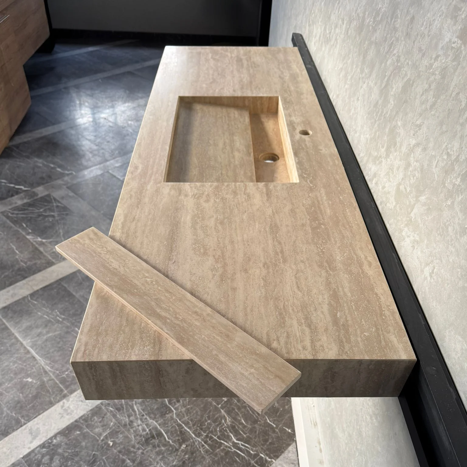 Vein Cut Travertine Ramp Sink | Handmade Natural Stone Bathroom Sink | Custom Modern Stone Basin (TR-85) - Image 12