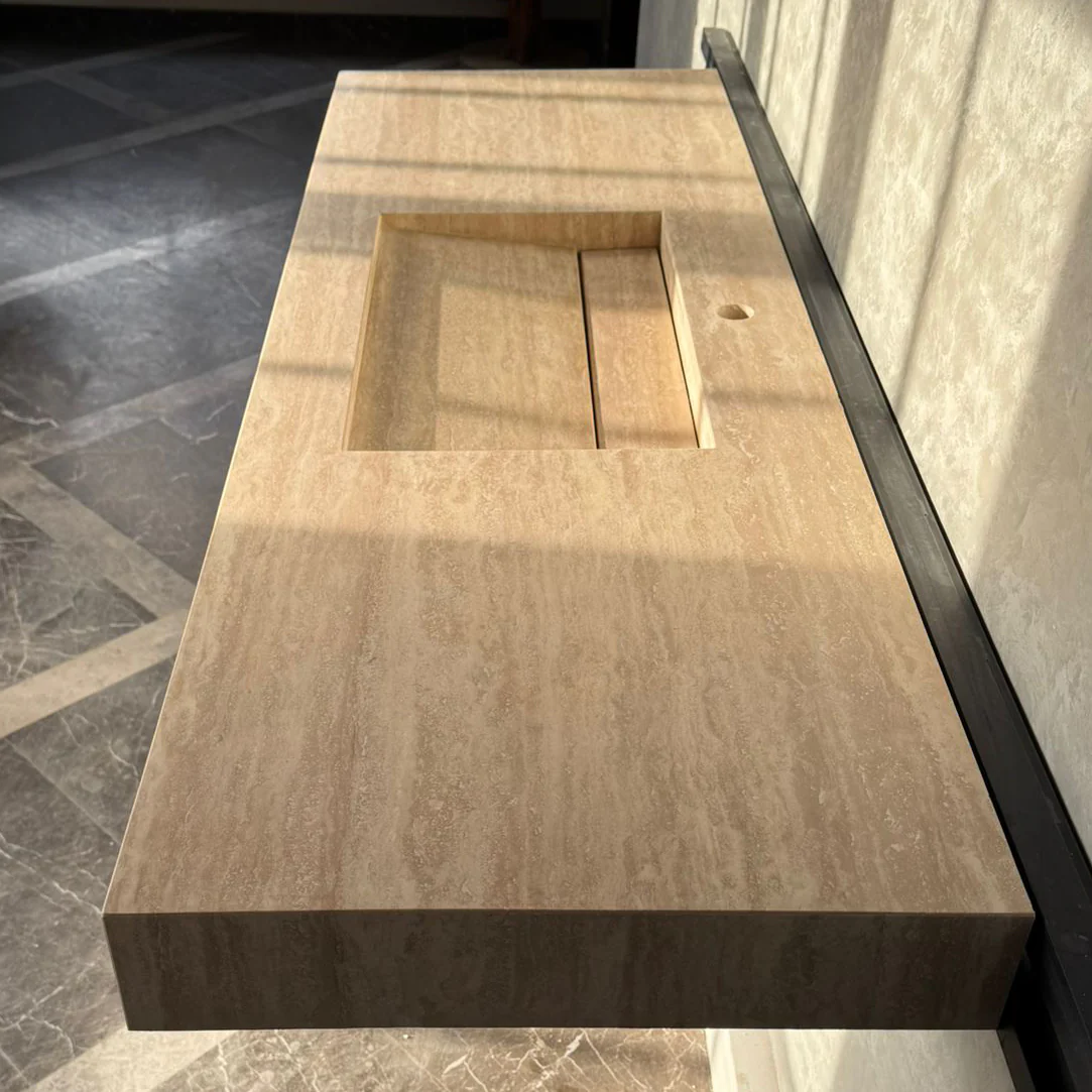 Vein Cut Travertine Ramp Sink | Handmade Natural Stone Bathroom Sink | Custom Modern Stone Basin (TR-85) - Image 2