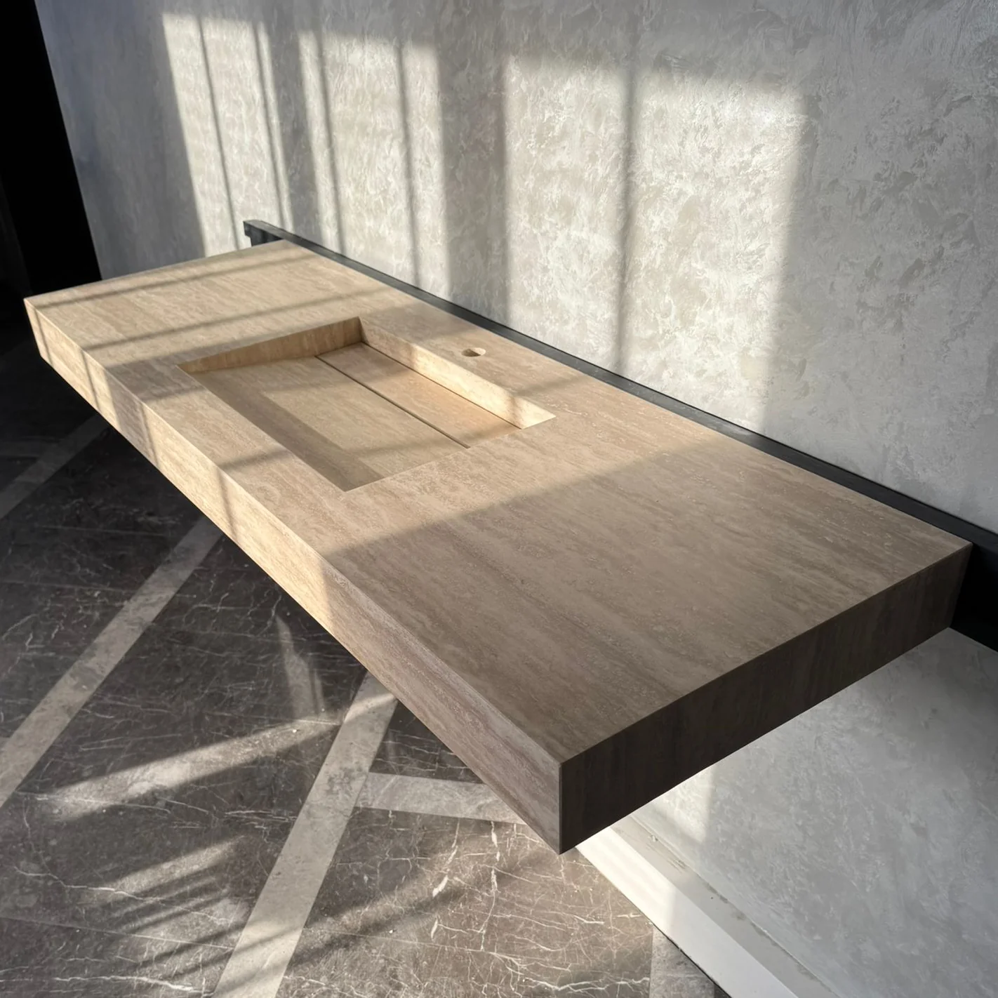 Vein Cut Travertine Ramp Sink | Handmade Natural Stone Bathroom Sink | Custom Modern Stone Basin (TR-85) - Image 4