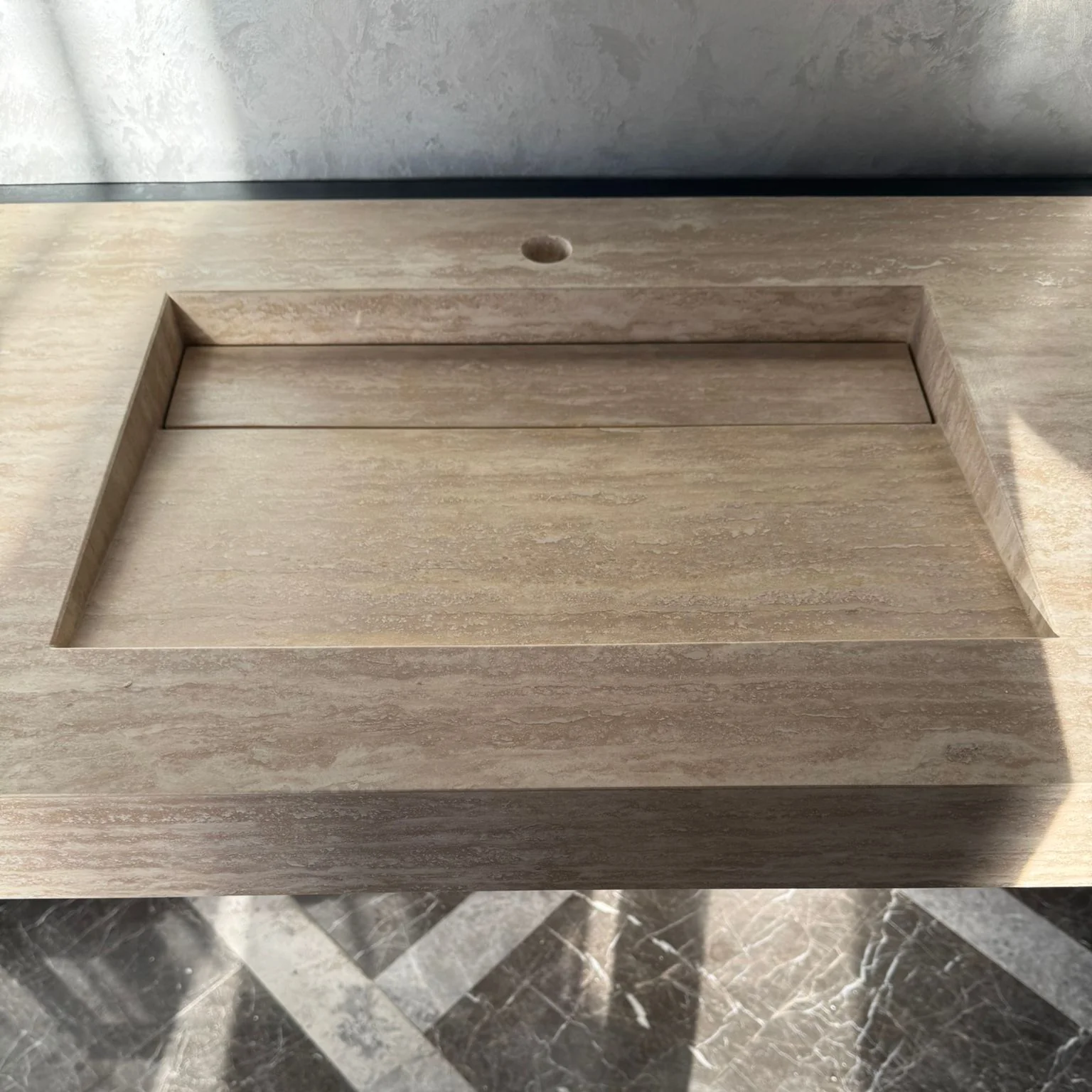 Vein Cut Travertine Ramp Sink | Handmade Natural Stone Bathroom Sink | Custom Modern Stone Basin (TR-85) - Image 5