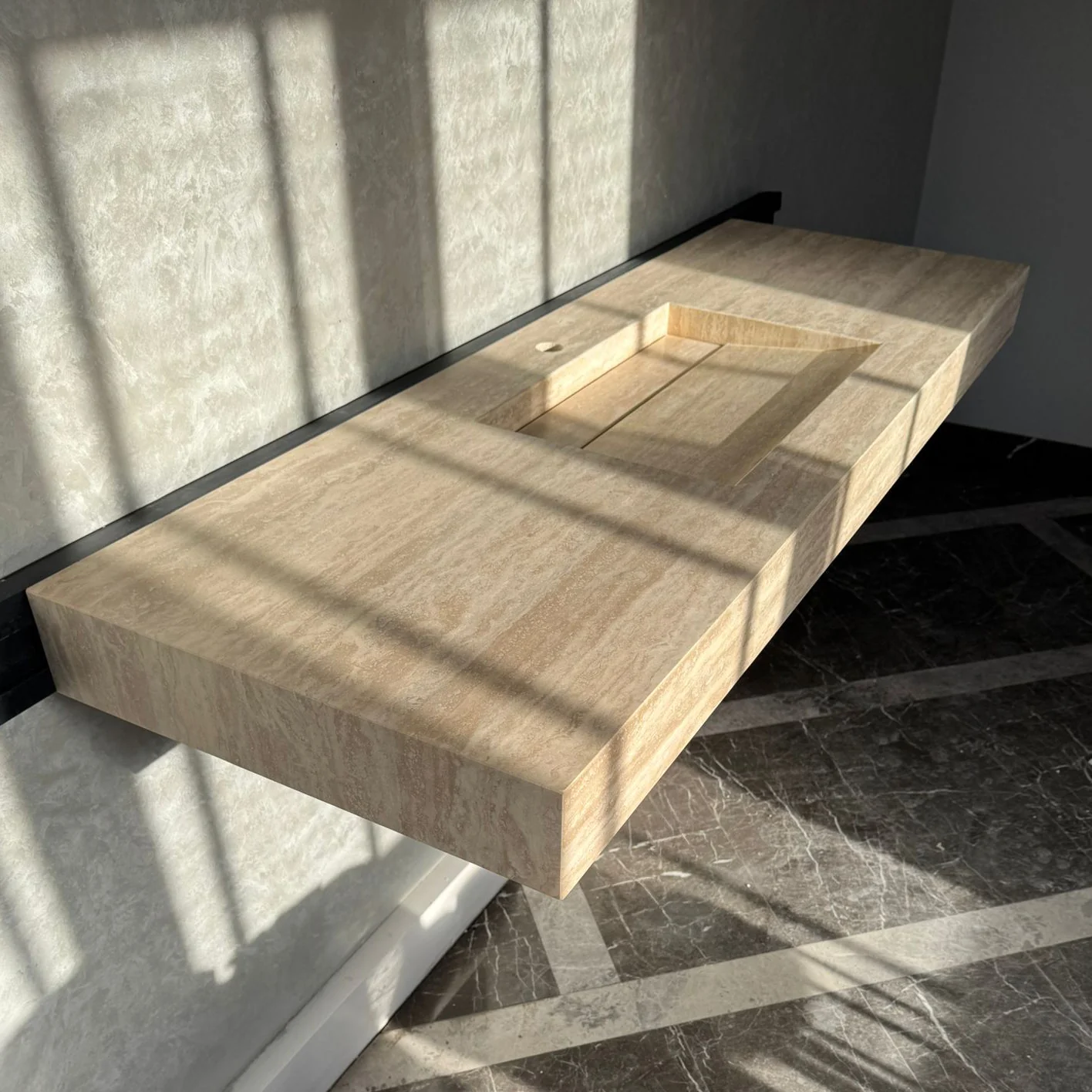 Vein Cut Travertine Ramp Sink | Handmade Natural Stone Bathroom Sink | Custom Modern Stone Basin (TR-85) - Image 6