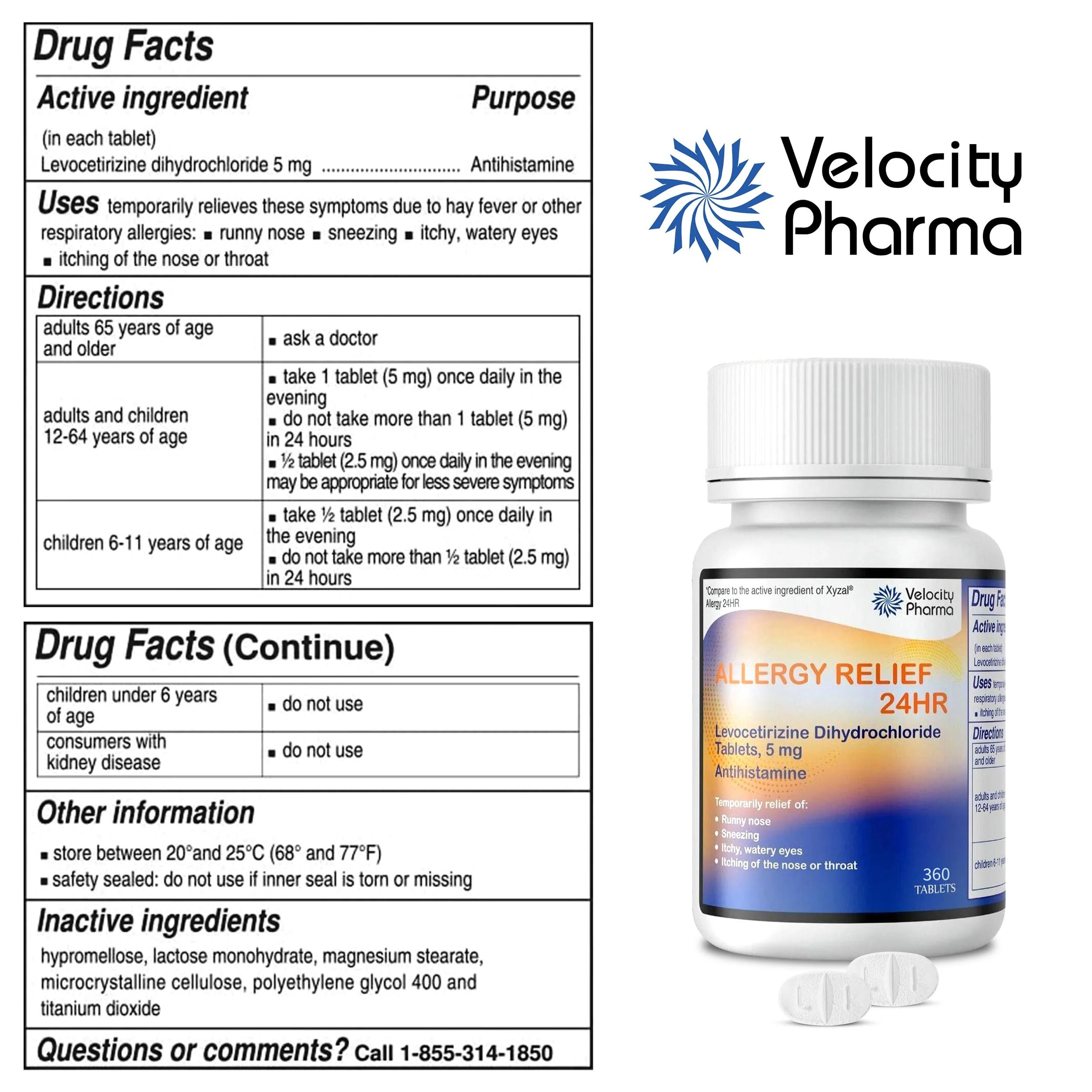 Velocity Pharma Levocetirizine Dihydrochloride 5mg USP Tablets, 24 Hour Allergy Relief Non-Drowsy Antihistamine, 360 Count - Image 4