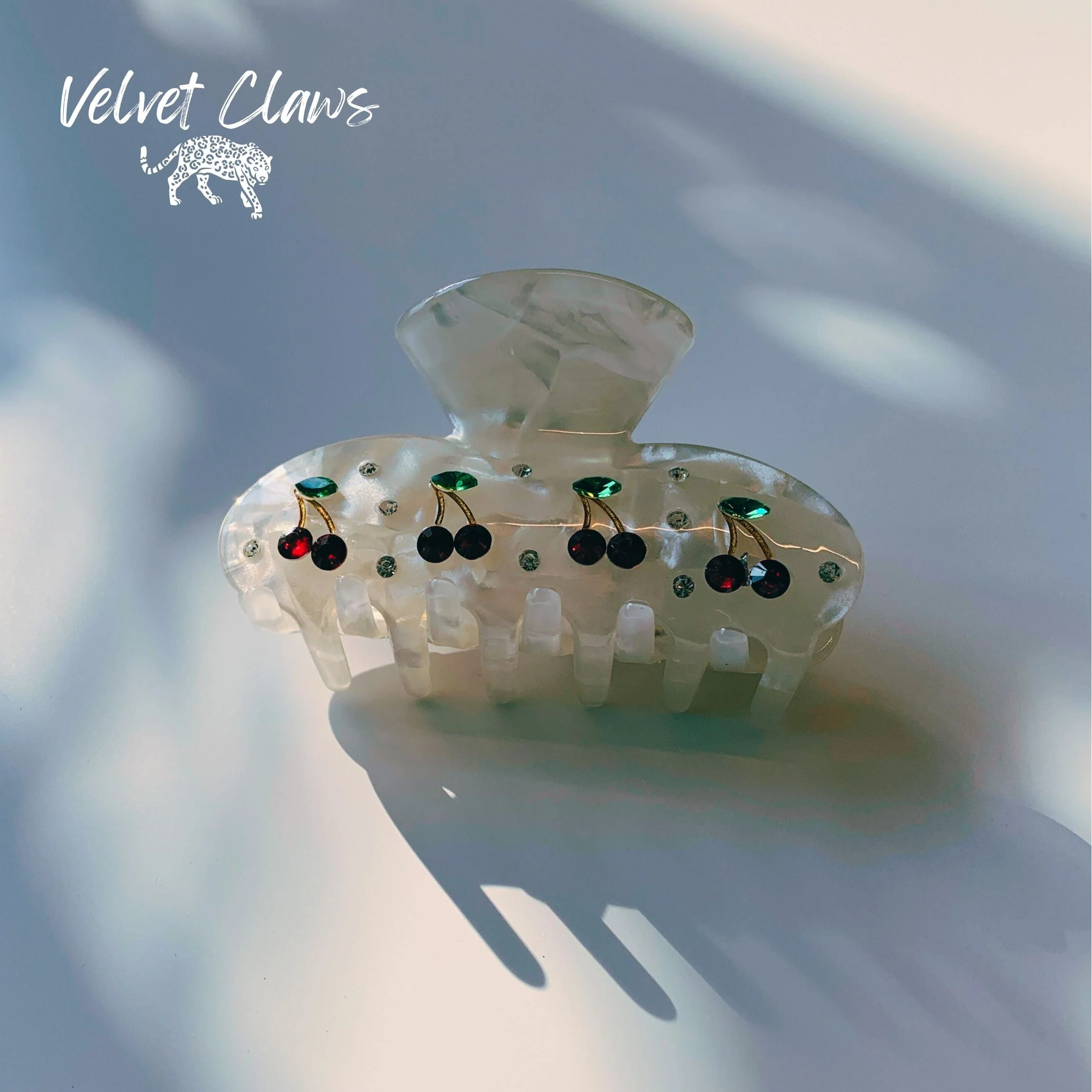 Velvet Claws Hair Clip | Cherries in Crystal White Hair Claw - Image 2