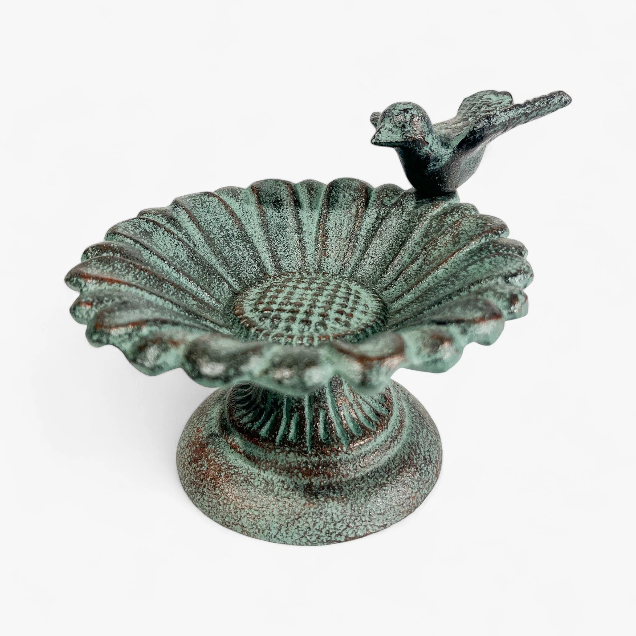 Verdigris Sunflower Bird Bath, Cast Iron Pedestal Feeder - Image 2