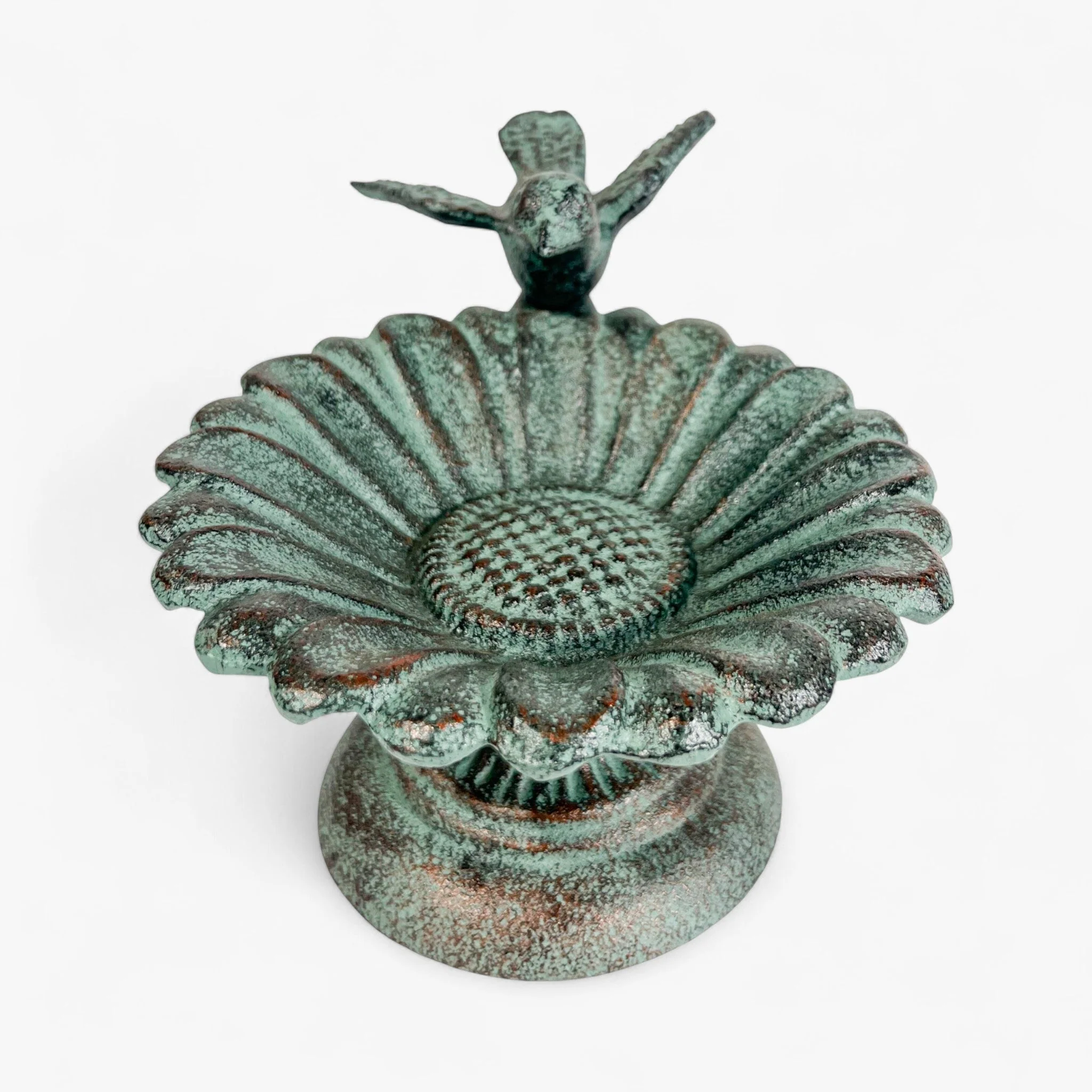 Verdigris Sunflower Bird Bath, Cast Iron Pedestal Feeder - Image 4
