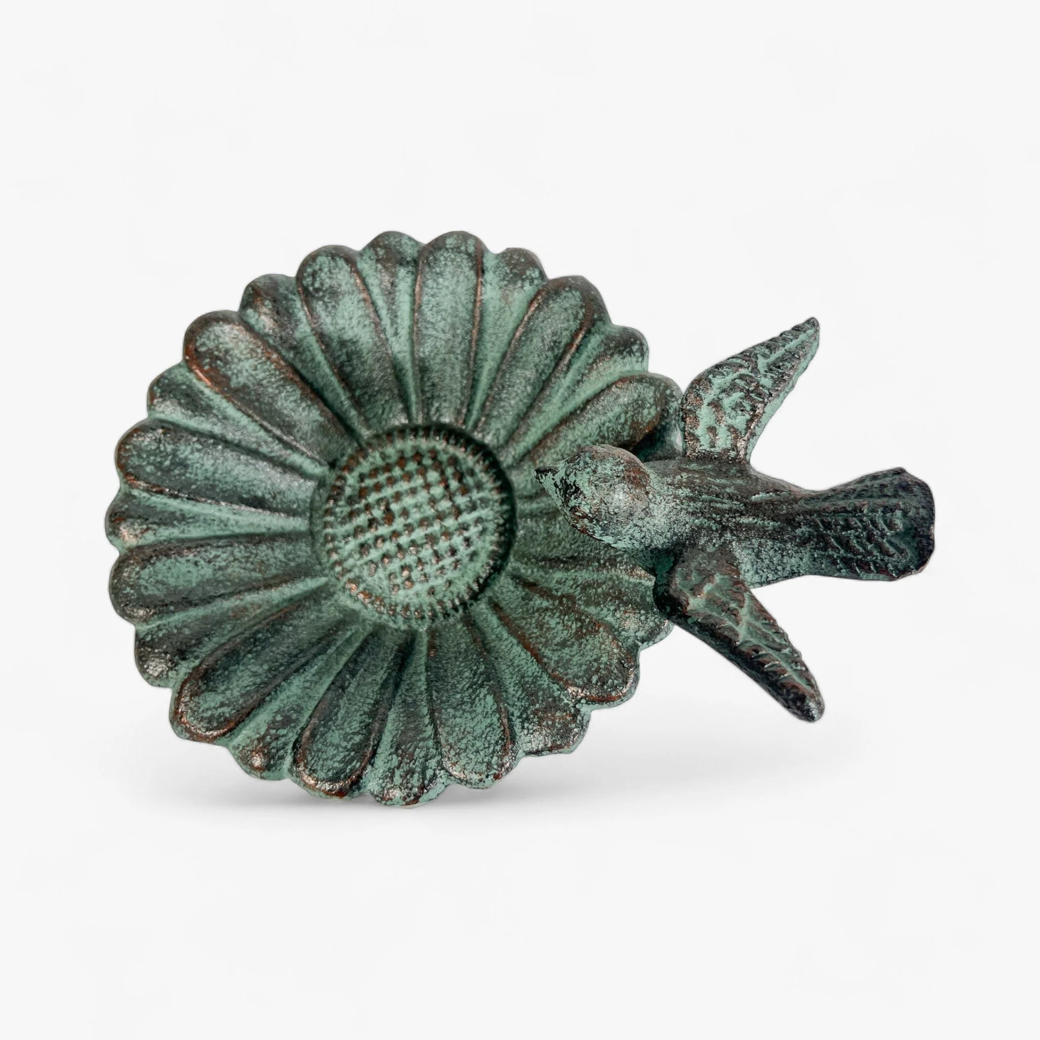 Verdigris Sunflower Bird Bath, Cast Iron Pedestal Feeder - Image 5