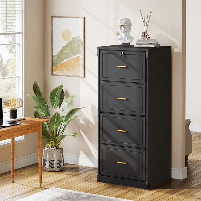 Vertical File Cabinet in Black Wood Finish with 4 Lockable Storage Drawers - Image 2