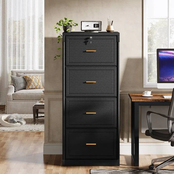 Vertical File Cabinet in Black Wood Finish with 4 Lockable Storage Drawers - Image 3
