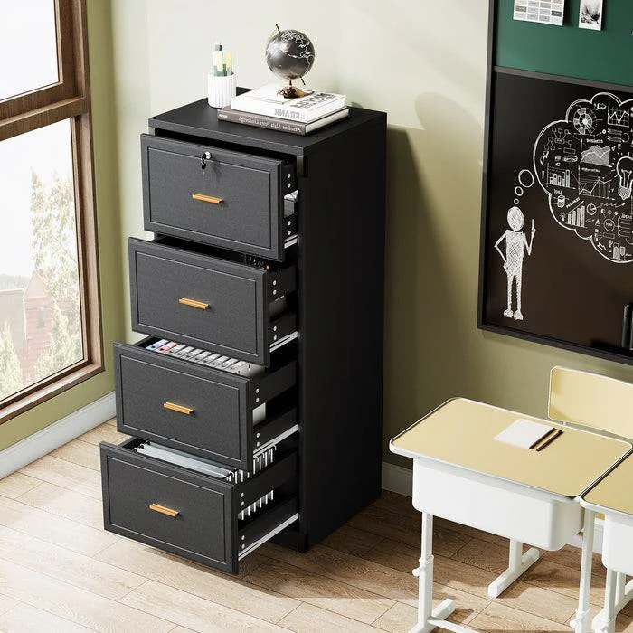 Vertical File Cabinet in Black Wood Finish with 4 Lockable Storage Drawers - Image 4
