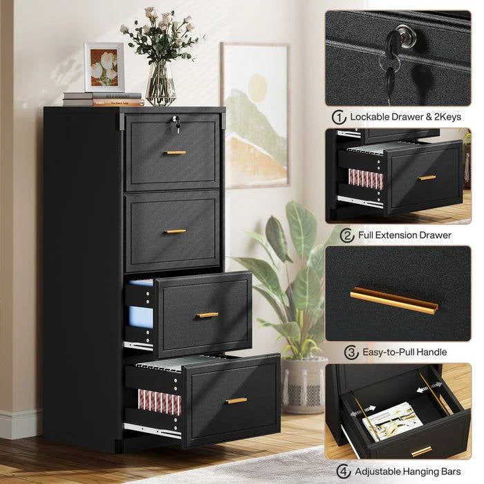Vertical File Cabinet in Black Wood Finish with 4 Lockable Storage Drawers - Image 5