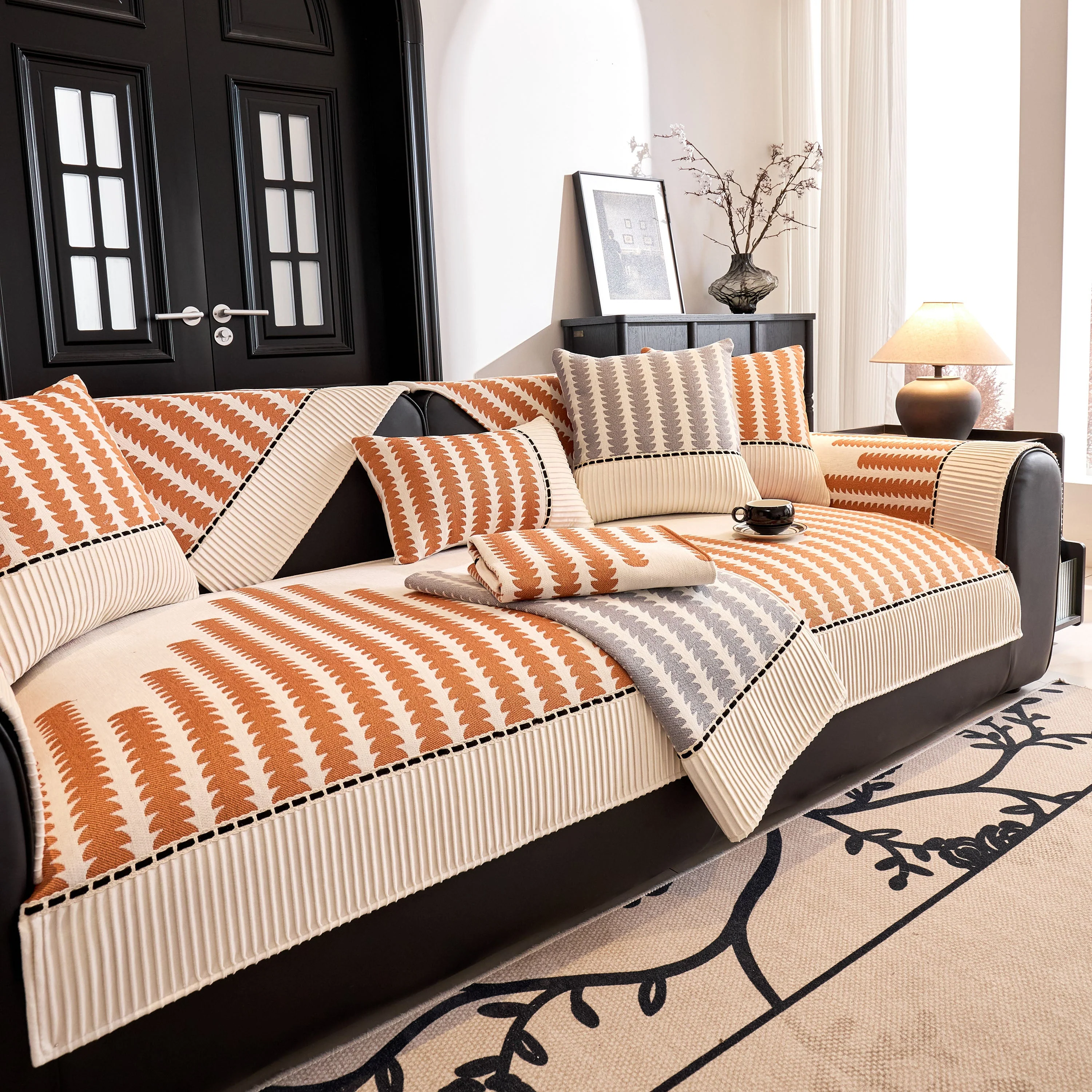 Vertical Stripes Sectional Sofa Cover Slipcover - Non-Slip, Fits L-Shape Couches - Image 111