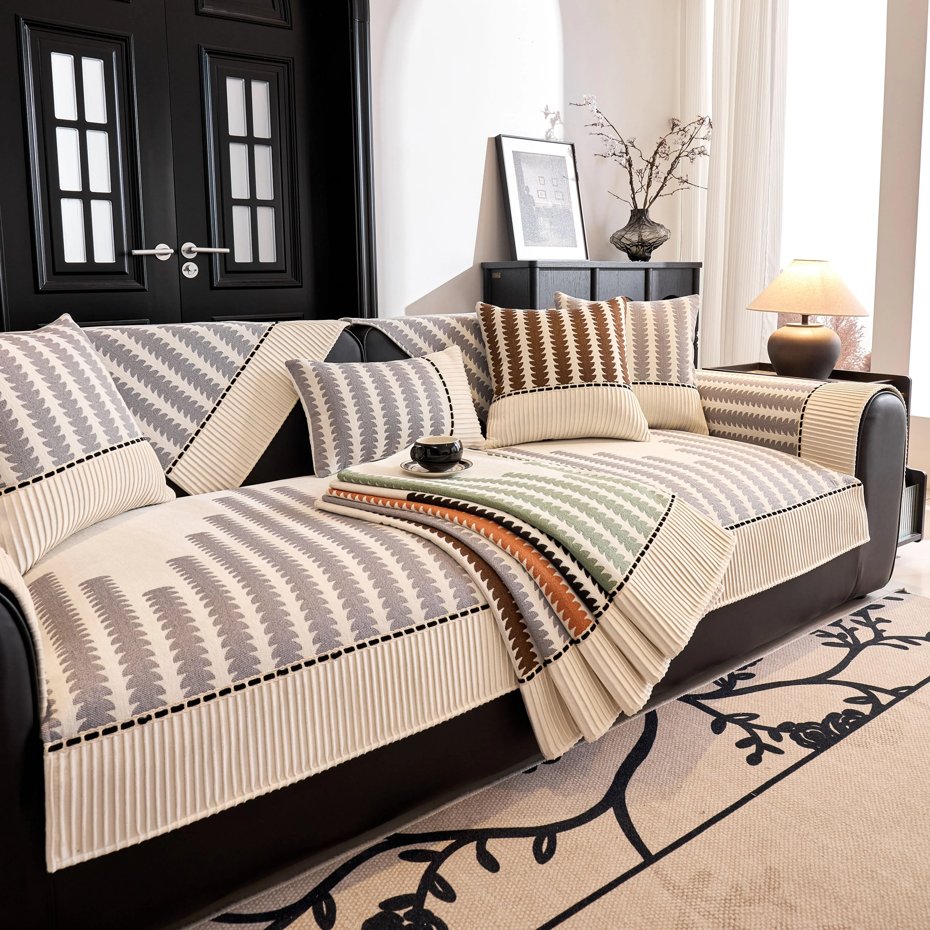 Vertical Stripes Sectional Sofa Cover Slipcover - Non-Slip, Fits L-Shape Couches - Image 43