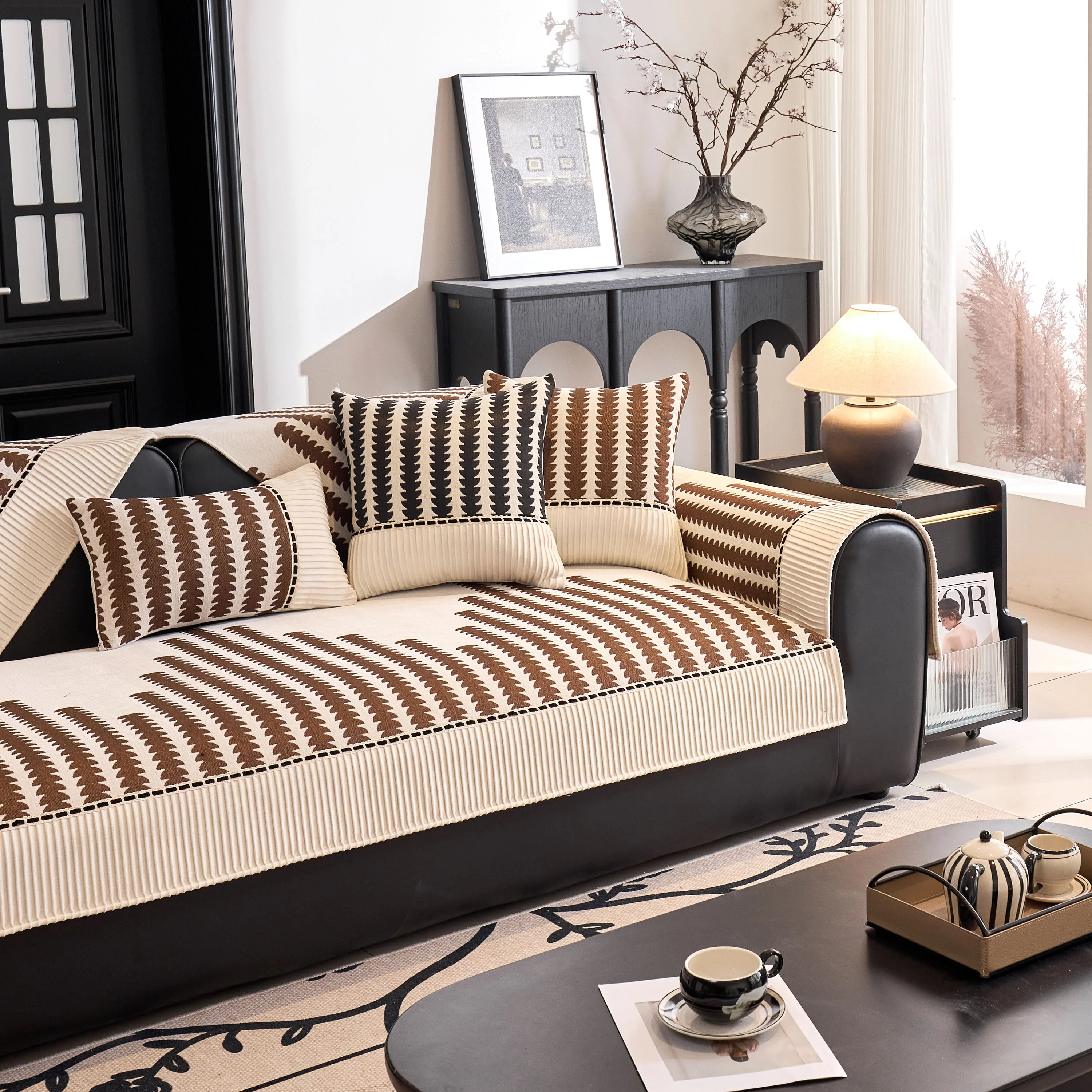 Vertical Stripes Sectional Sofa Cover Slipcover - Non-Slip, Fits L-Shape Couches - Image 87