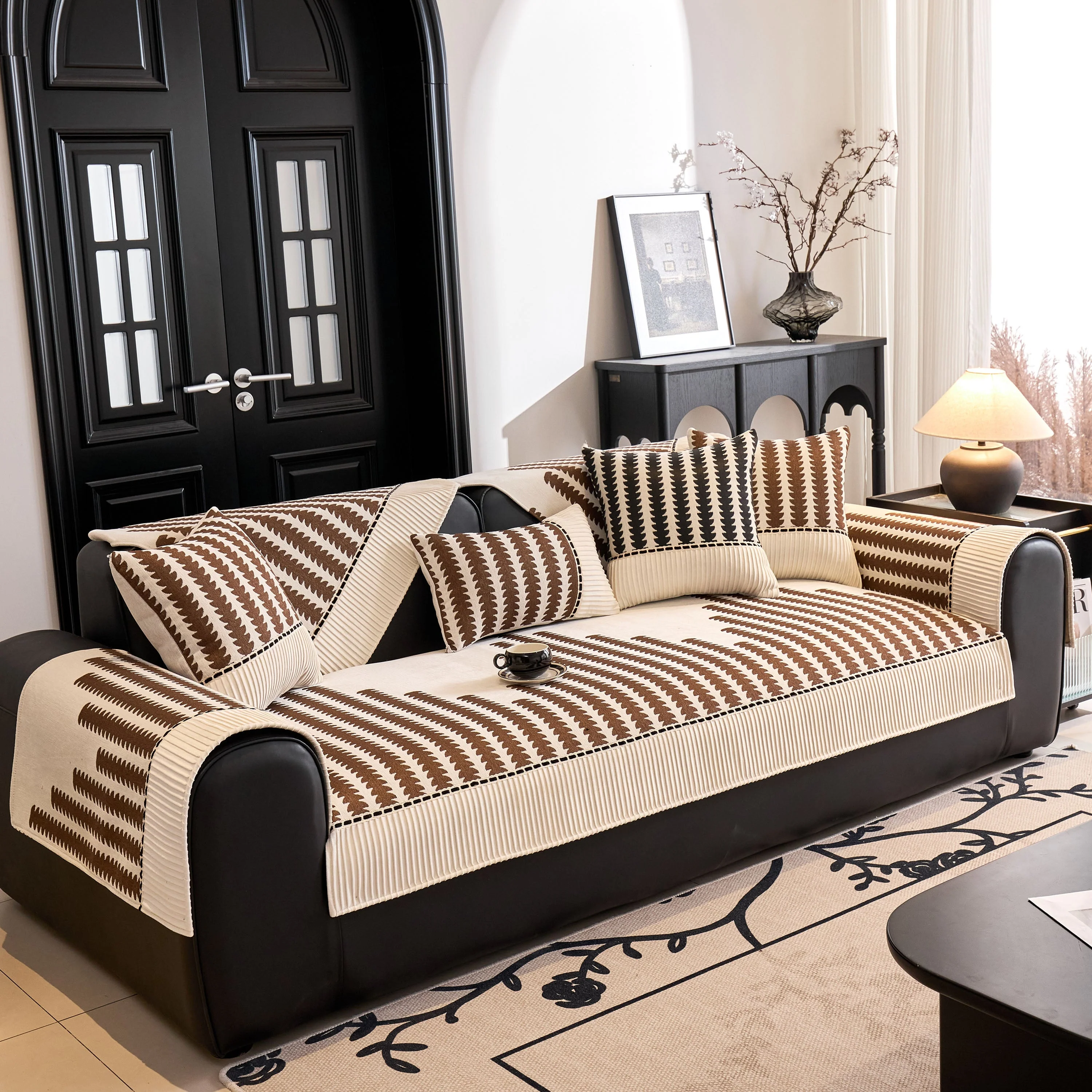 Vertical Stripes Sectional Sofa Cover Slipcover - Non-Slip, Fits L-Shape Couches - Image 88