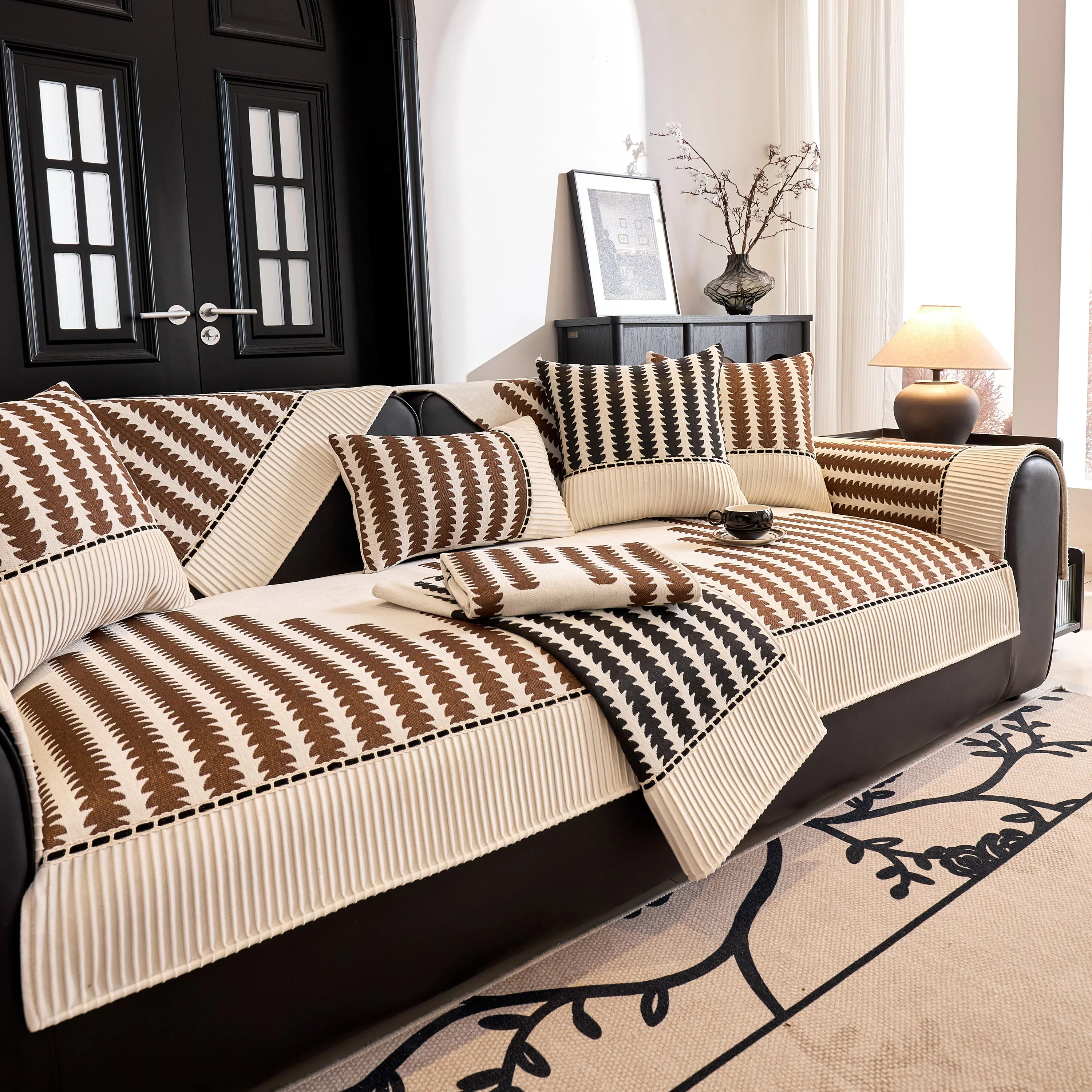 Vertical Stripes Sectional Sofa Cover Slipcover - Non-Slip, Fits L-Shape Couches - Image 94