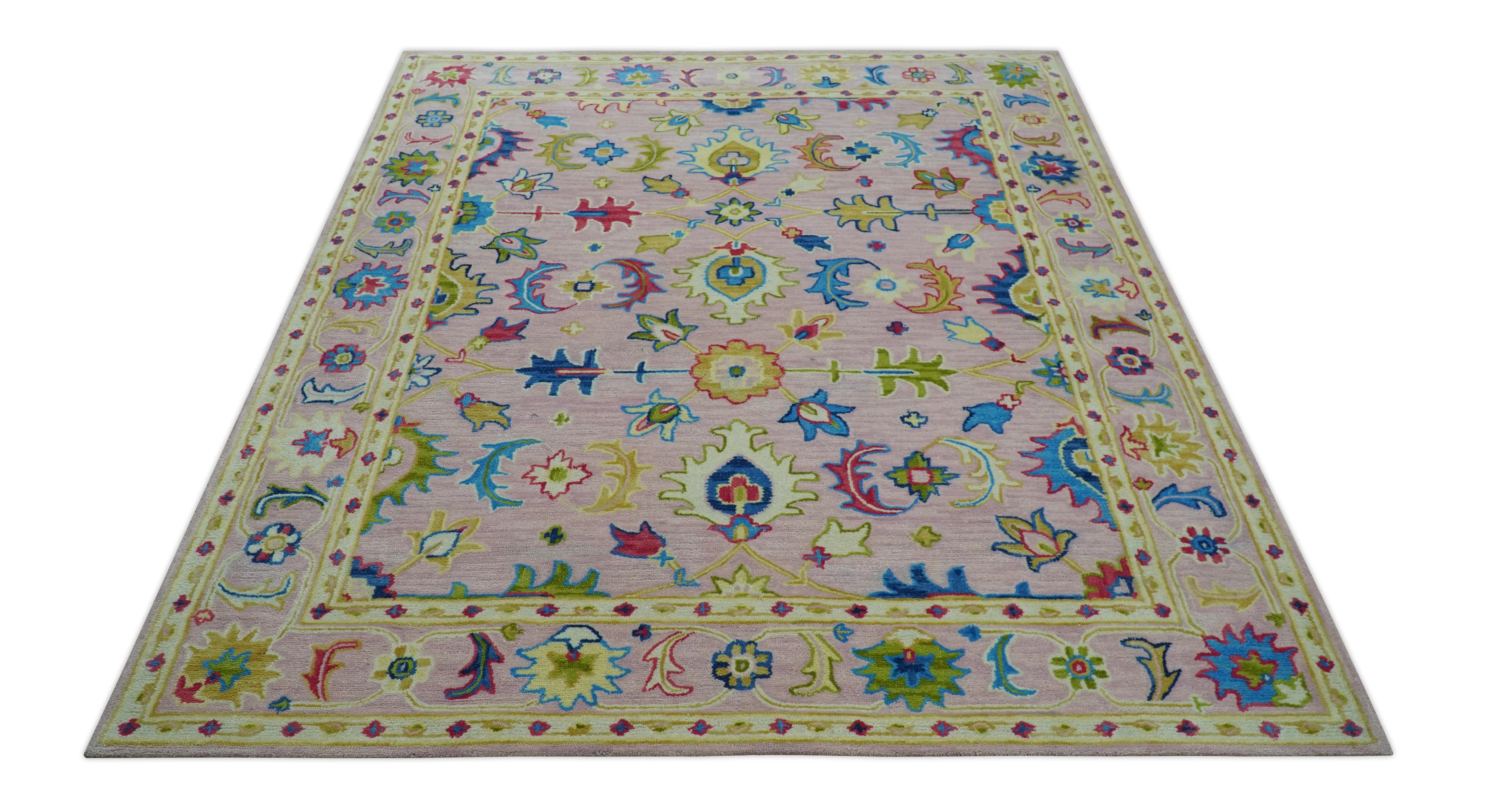Vibrant Colorful Pink, Olive and Blue Oriental Oushak Hand Tufted Multi Size area rug - Image 10