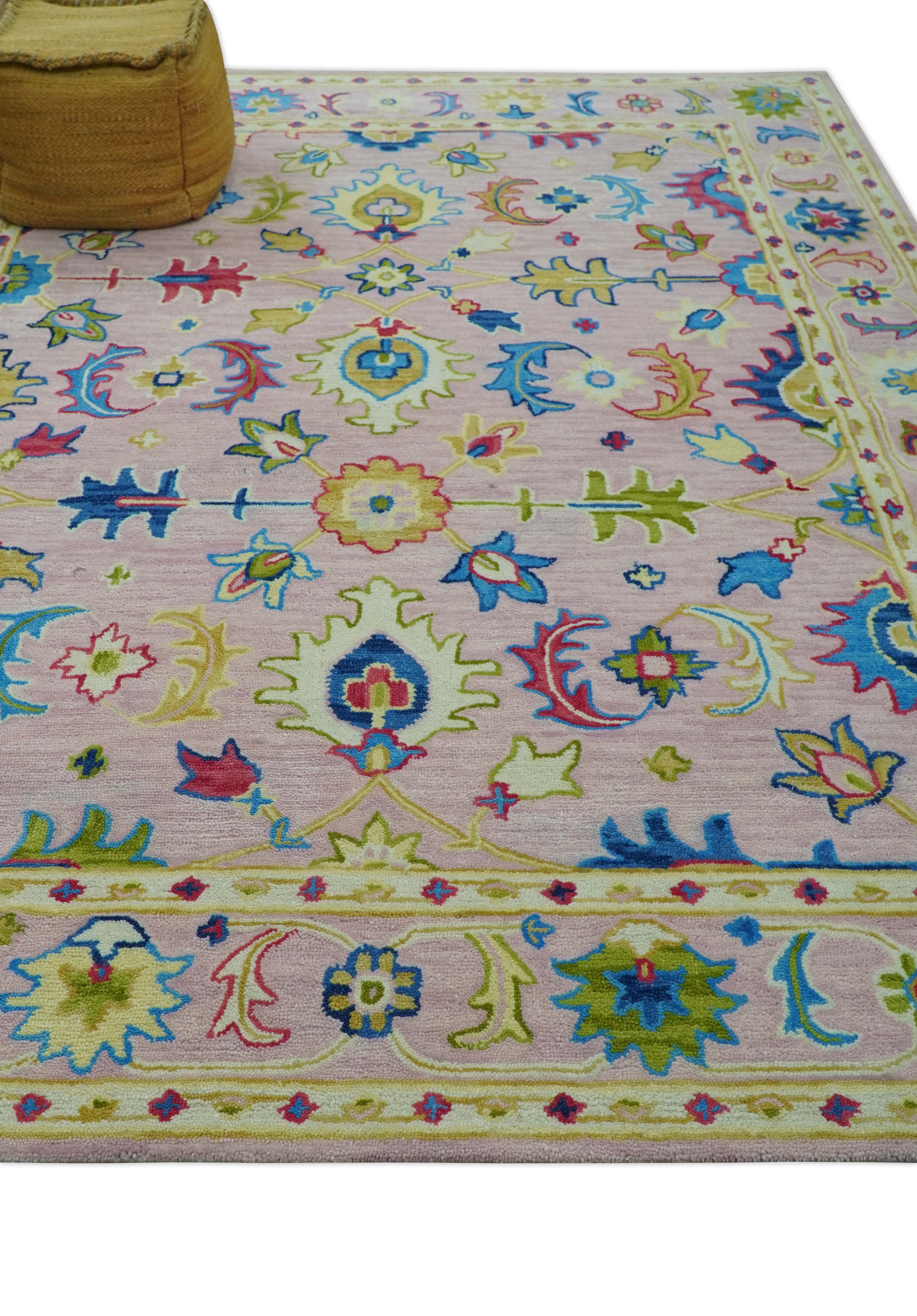 Vibrant Colorful Pink, Olive and Blue Oriental Oushak Hand Tufted Multi Size area rug - Image 3