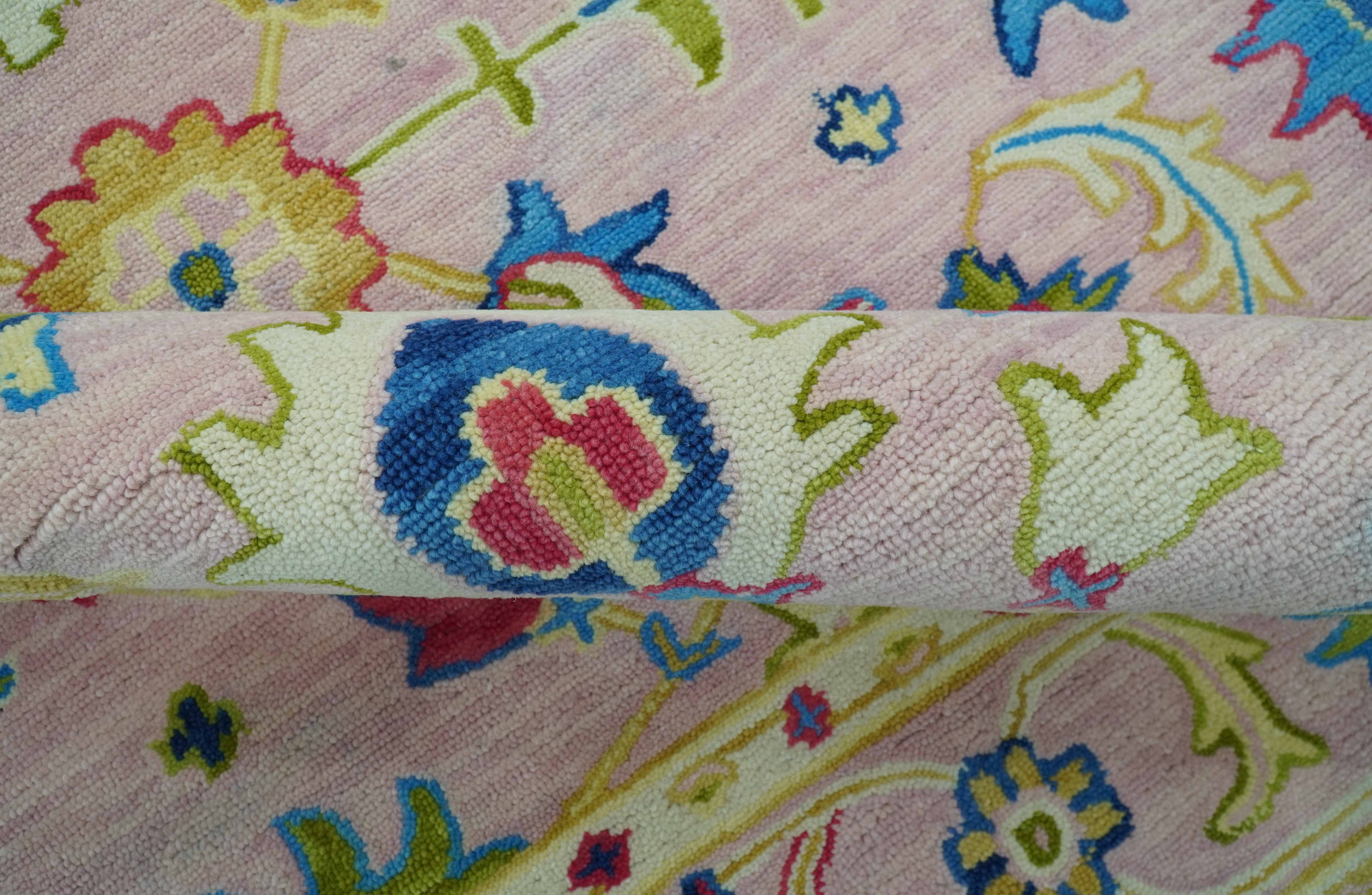 Vibrant Colorful Pink, Olive and Blue Oriental Oushak Hand Tufted Multi Size area rug - Image 6