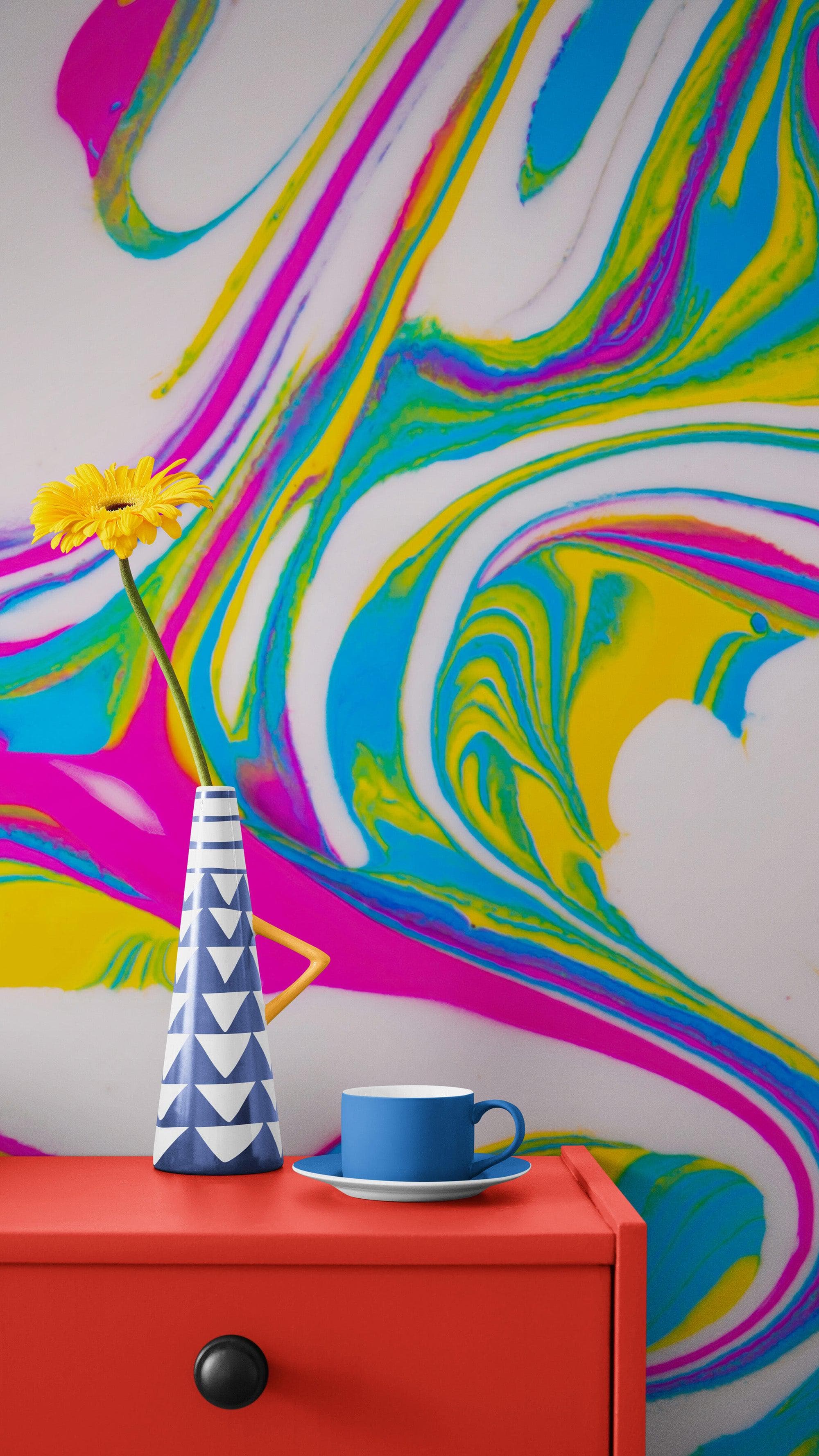 Vibrant Neon Ink Swirl Wallpaper. Abstract Pink, Yellow & Blue Colors. #6980 - Image 4