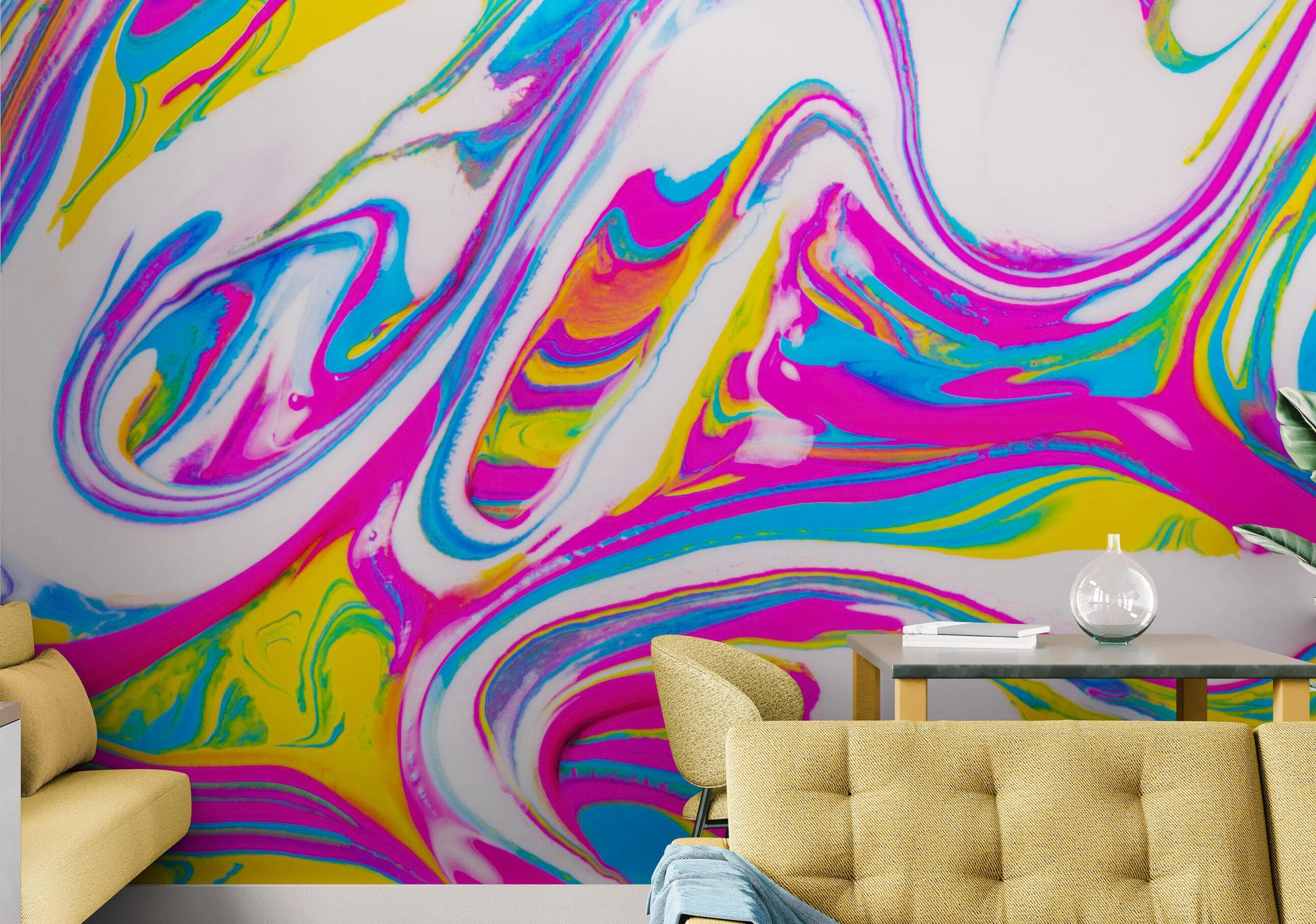 Vibrant Neon Ink Swirl Wallpaper. Abstract Pink, Yellow & Blue Colors. #6980 - Image 5