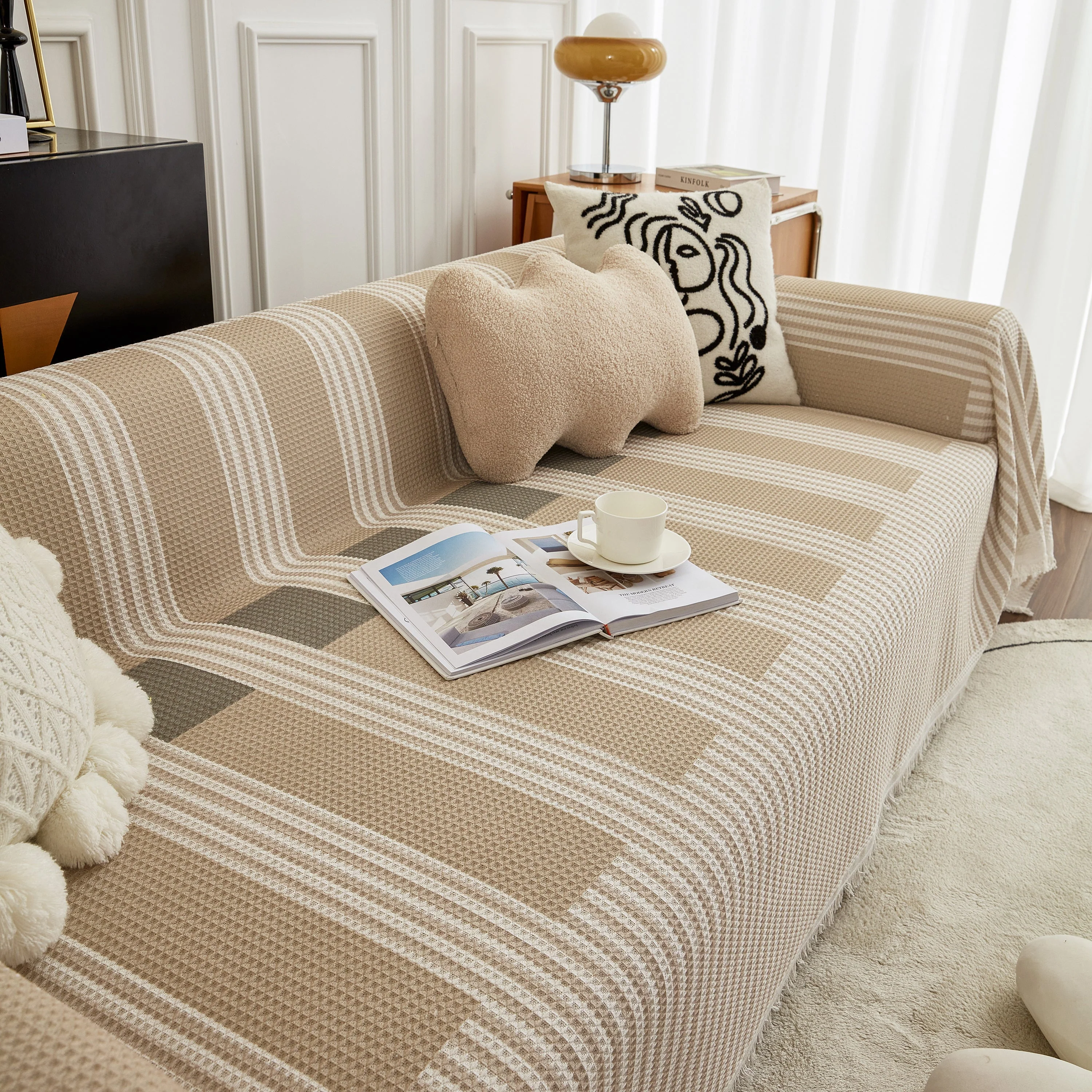 Waffle Lattice Fabric Sofa Cover, Multi-purpose Soft Sofa Throw, Couch Cover Blanket Throws for Couches - Image 67