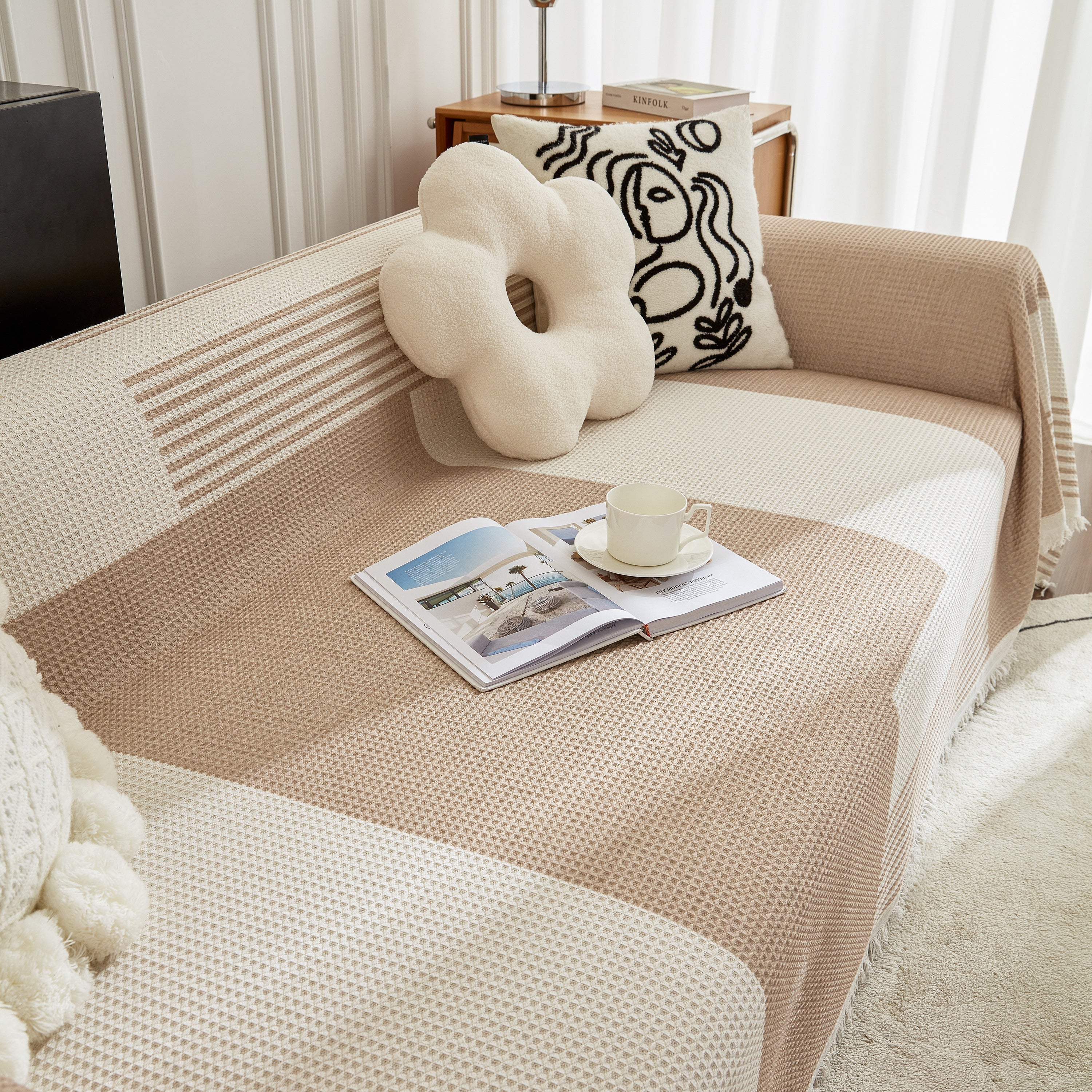 Waffle Lattice Fabric Sofa Cover, Multi-purpose Soft Sofa Throw, Couch Cover Blanket Throws for Couches - Image 84