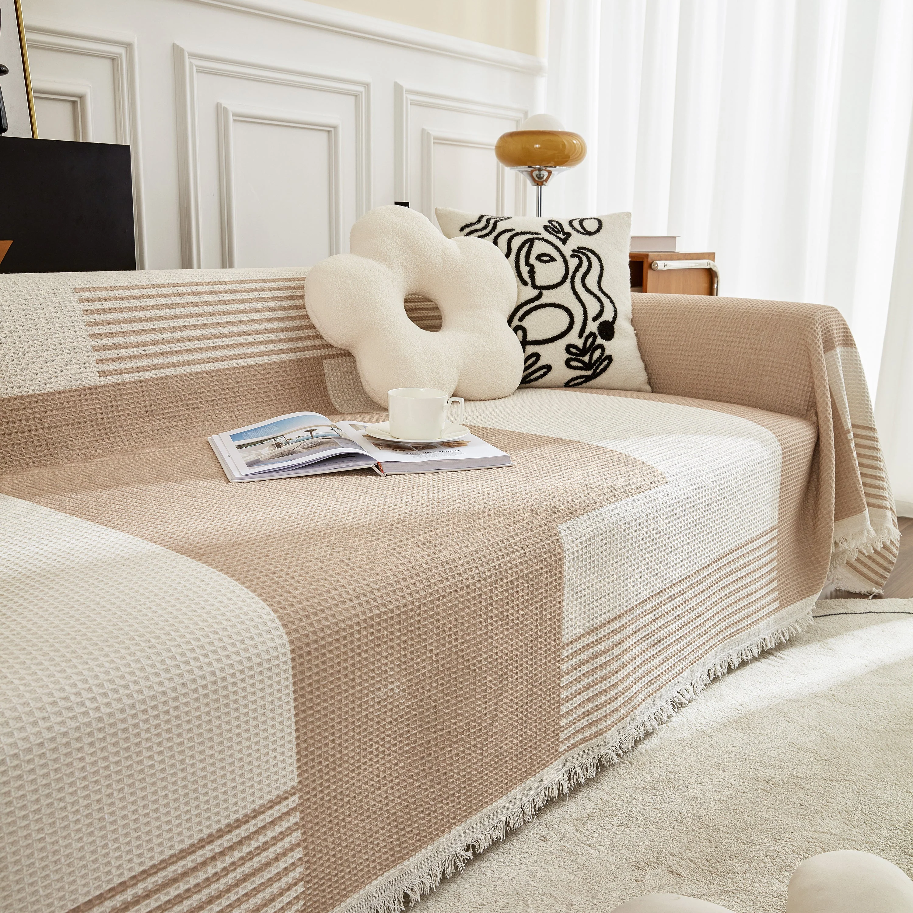 Waffle Lattice Fabric Sofa Cover, Multi-purpose Soft Sofa Throw, Couch Cover Blanket Throws for Couches - Image 85