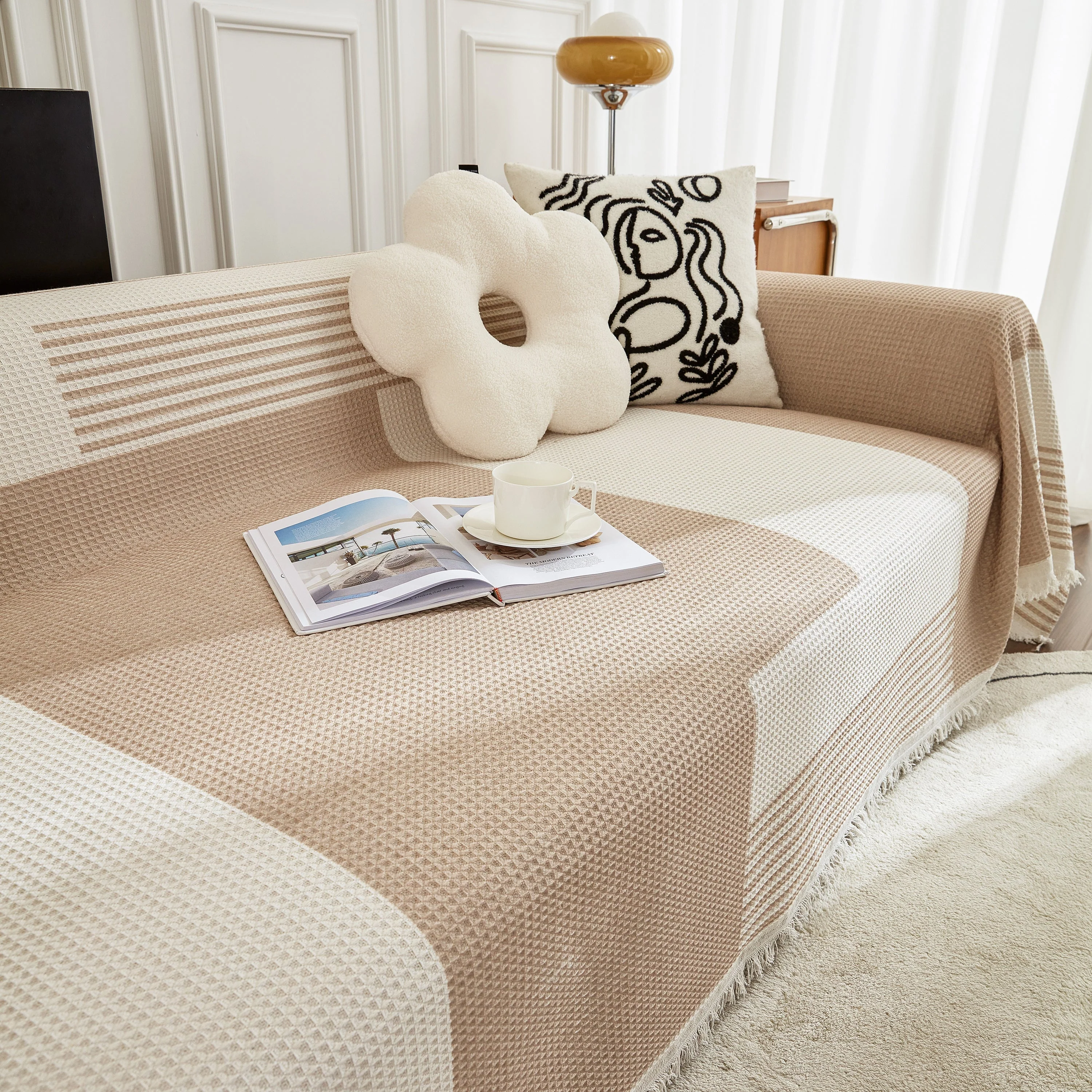 Waffle Lattice Fabric Sofa Cover, Multi-purpose Soft Sofa Throw, Couch Cover Blanket Throws for Couches - Image 86