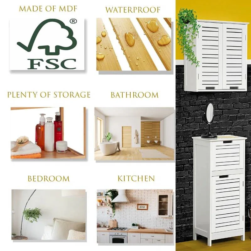 Wall-Mount Bathroom Storage Cabinet with Louver Doors in White Wood Finish - Image 3