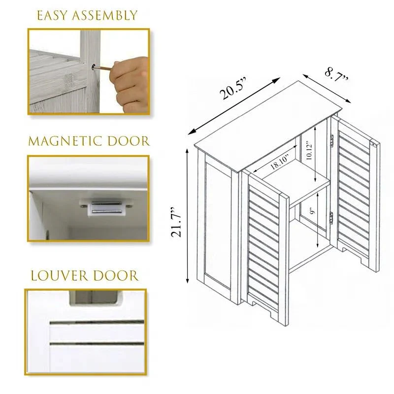 Wall-Mount Bathroom Storage Cabinet with Louver Doors in White Wood Finish - Image 4