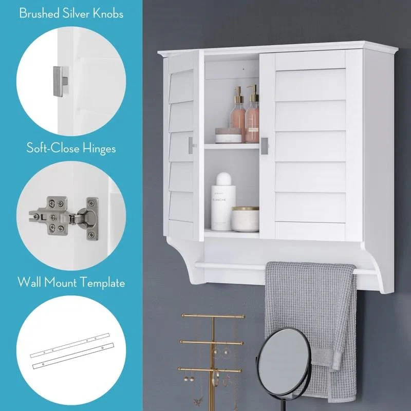 Wall Mounted Bathroom Medicine Cabinet with Louver Doors and Towel Bar in White - Image 4