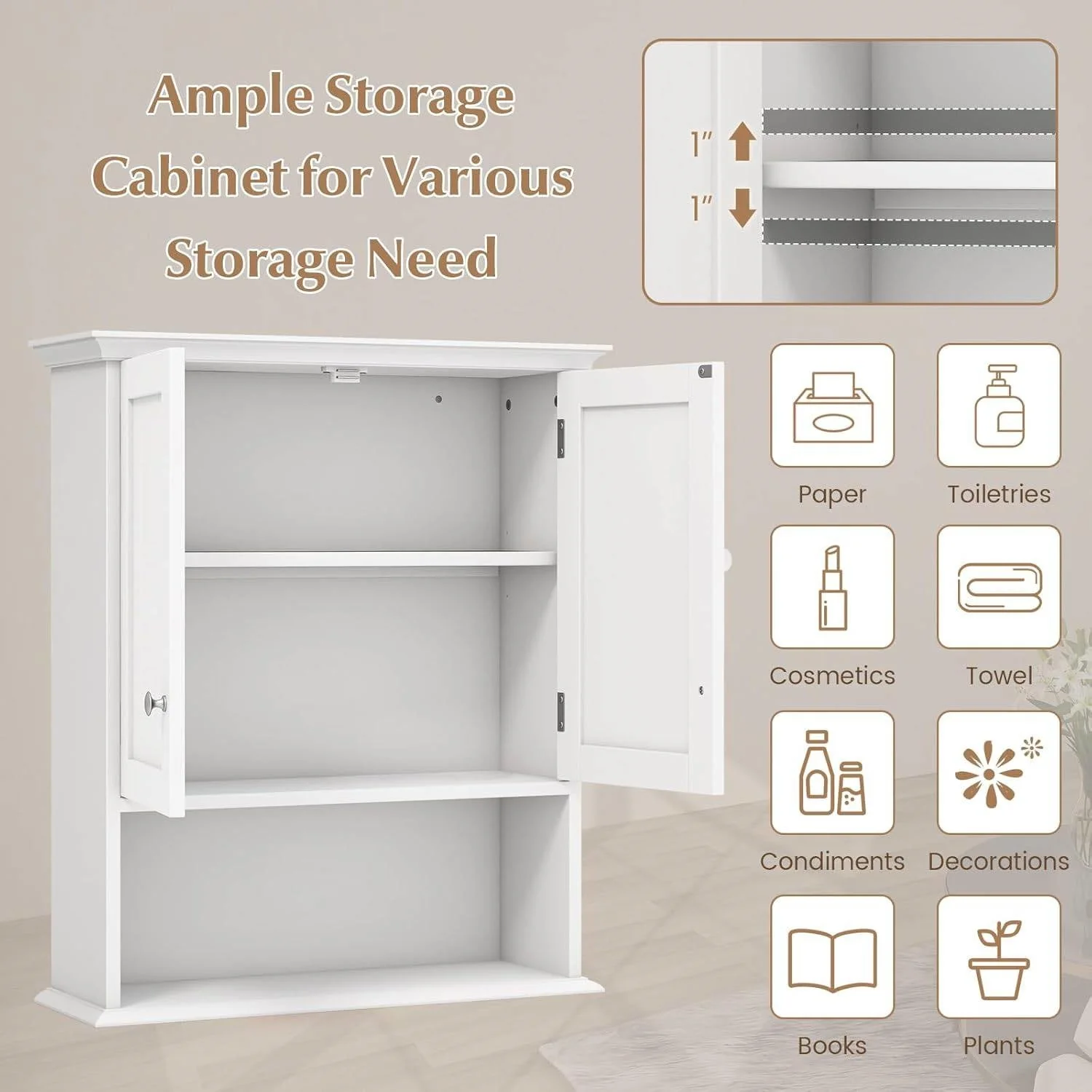 Wall Mounted Bathroom Medicine Cabinet with Open Storage Shelf in White - Image 4