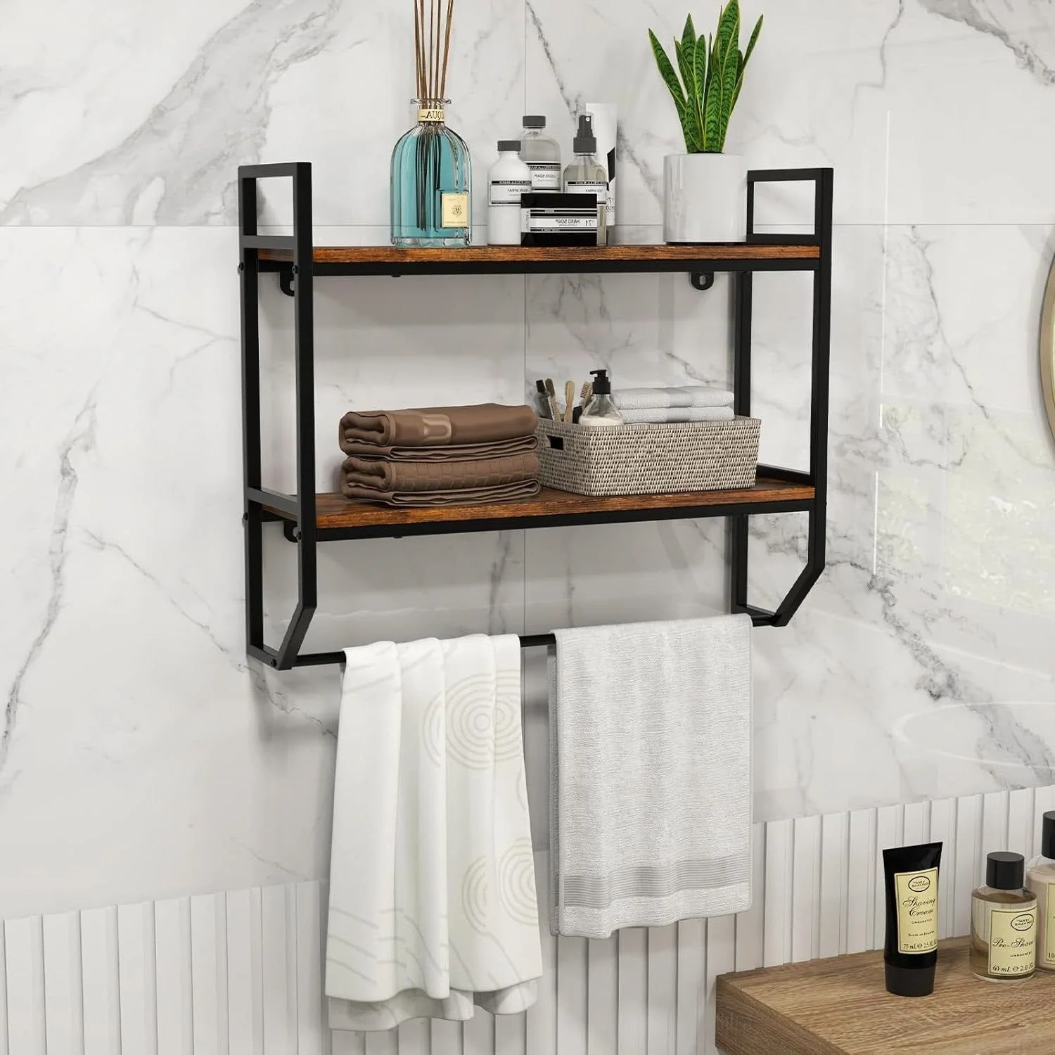 Wall Mounted Over Toilet 2-Shelf Bathroom Shelving Unit with Towel Bar - Image 2