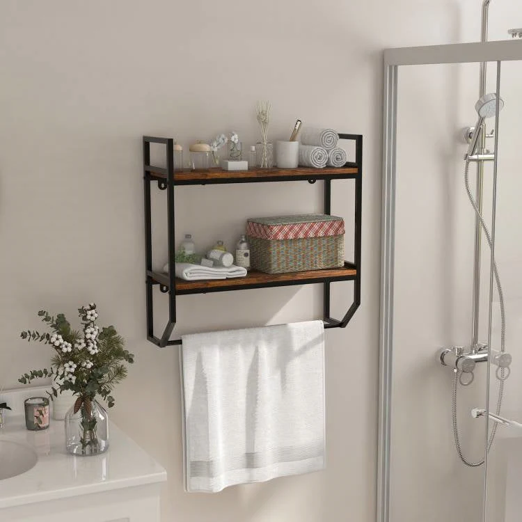 Wall Mounted Over Toilet 2-Shelf Bathroom Shelving Unit with Towel Bar - Image 3