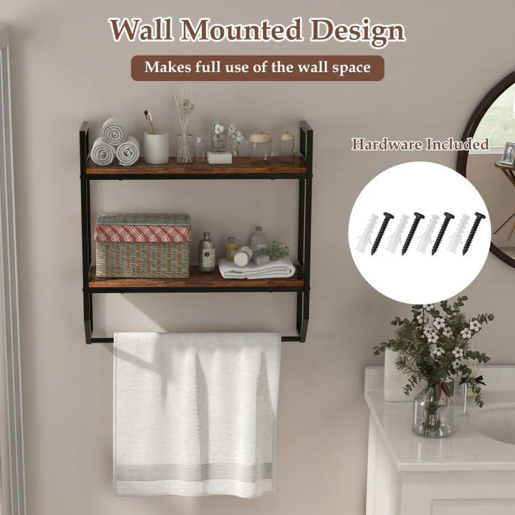 Wall Mounted Over Toilet 2-Shelf Bathroom Shelving Unit with Towel Bar - Image 4